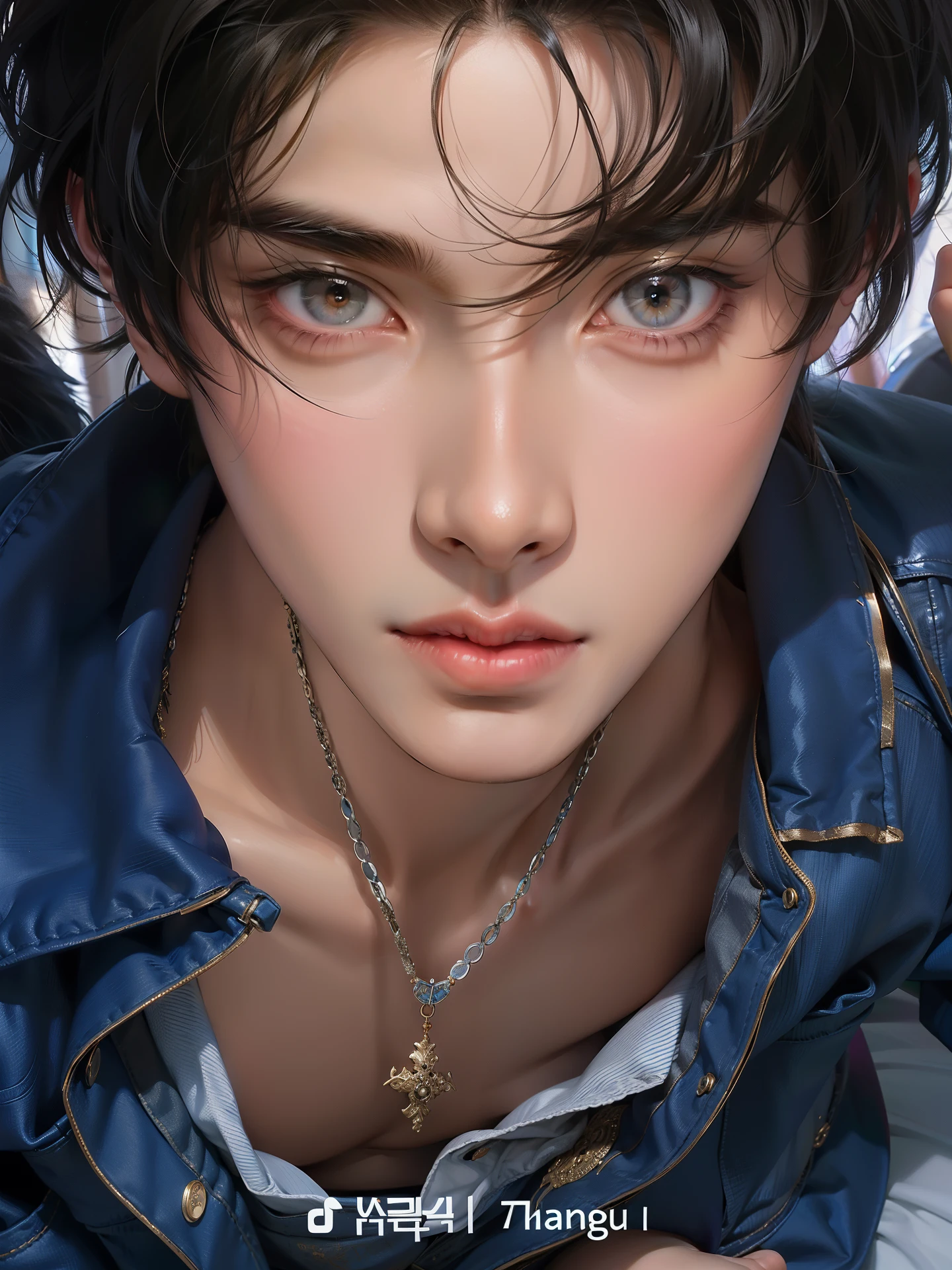 a close up of a person with a necklace on a bed, cai xukun, jung jaehyun, male ulzzang, jinyoung shin, wonbin lee, taejune kim, wan adorable korean face, inspired by Zhang Han, kim doyoung, yanjun chengt, xqc, sfw, handsome japanese demon boy, sakimichan, siwoo kim
