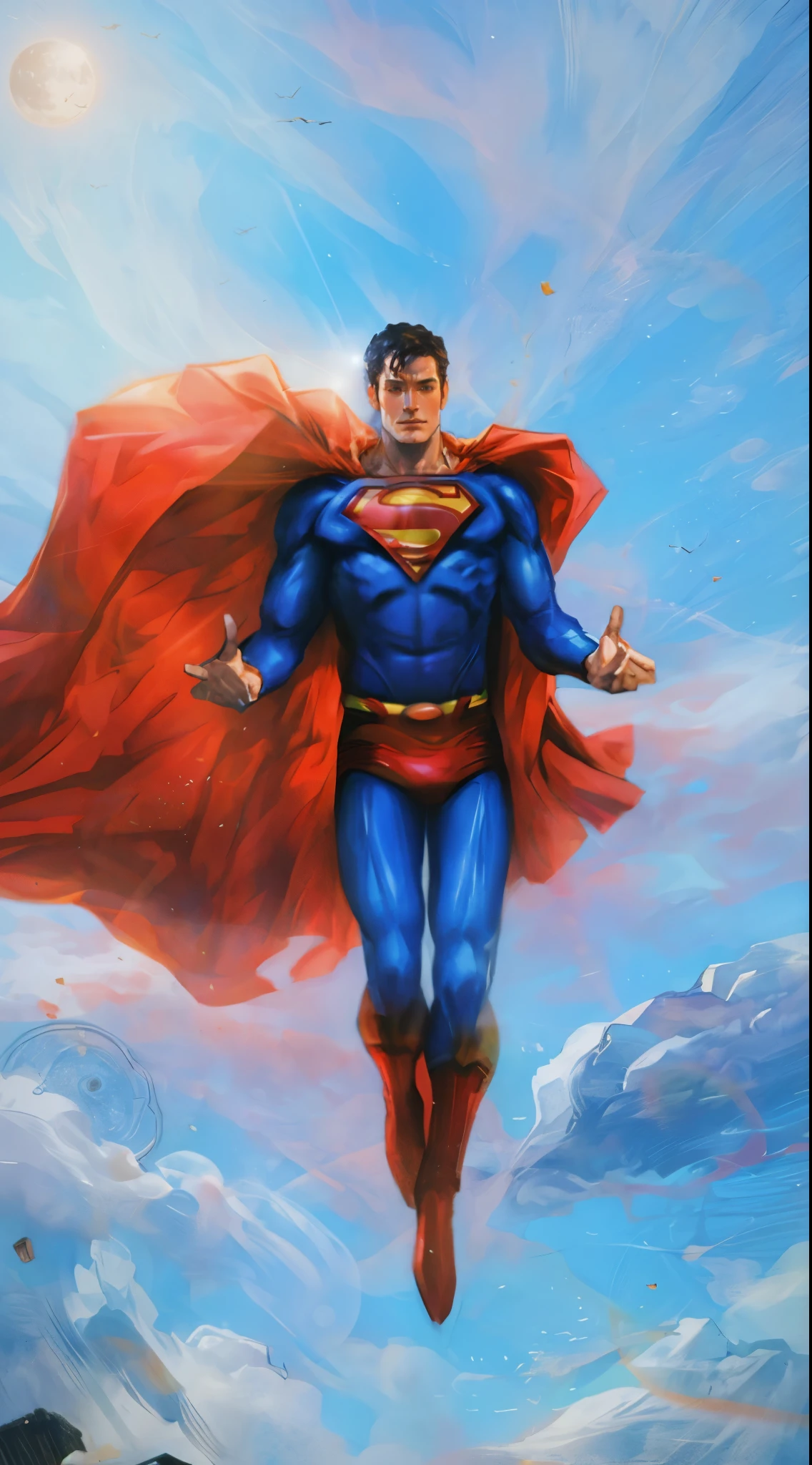 Samdoesart, Super homen flying through the air with his cape open, Super homen emerging from the sun, Super homen pose, Super homen, francamente, sem texto, Super homen is high, Super homen costume, super high resolution, super simetria, krypton, sobre as nuvens, pintura extremamente detalhada, rosta detalhado, rosto superman, hdr, 4k, 9k, fullhd, alta qualidade