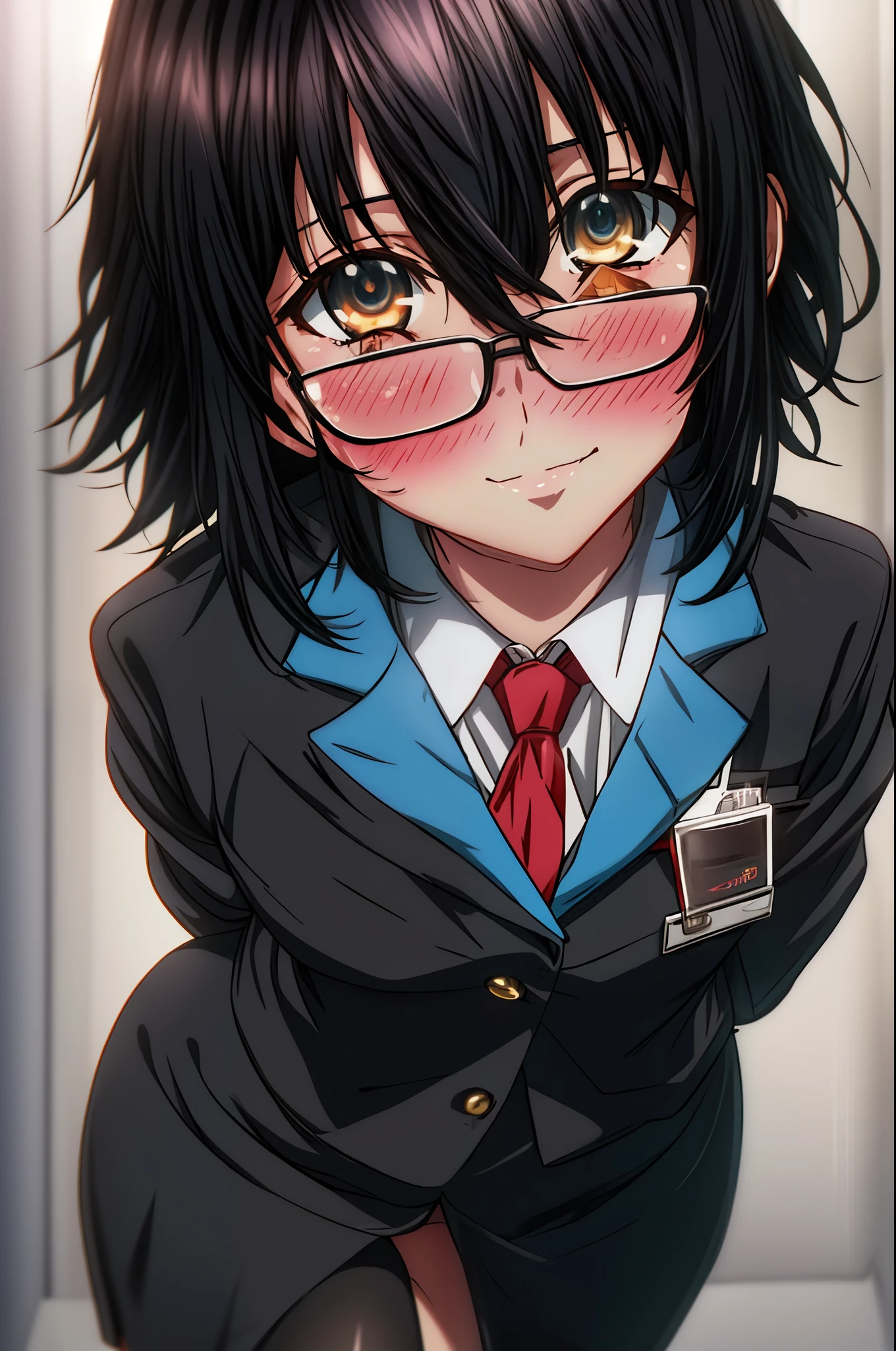 yukina, 1 girl, alone, , find, short hair, bangs, black hair, above the ribs, eyes between hair, brown eyes, OL, red glasses, end, black suit jacket, collared jacket, white dress shirt, collared shirt, neckline, button, strap, ID card on the neck, black pencil skirt, black pantyhose, stiletto heels,smile, blush, whole body, (cowboy shot:1. 5),(masterpiece:1.2), highest quality, High resolution, unity 8k wallpaper, (shape:0.8), (beautiful and detailed eyes:1.6), highly detailed face, perfect lighting, Very detailed CG, (perfect hands, perfect anatomy),