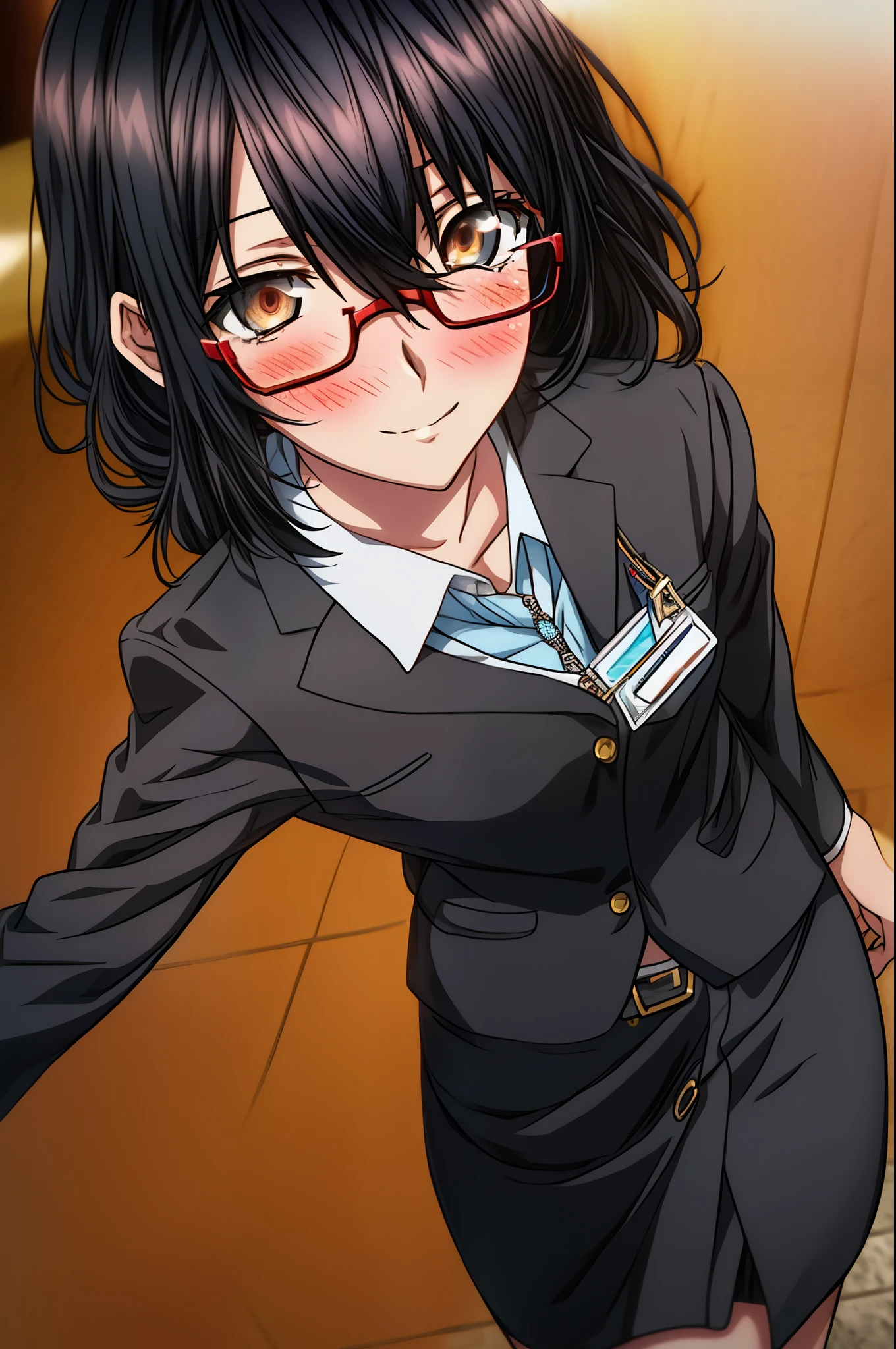 yukina, 1 girl, alone, , find, short hair, bangs, black hair, above the ribs, eyes between hair, brown eyes, OL, red glasses, end, black suit jacket, collared jacket, white dress shirt, collared shirt, neckline, button, strap, ID card on the neck, black pencil skirt, black pantyhose, stiletto heels,smile, blush, whole body, (cowboy shot:1. 5),(masterpiece:1.2), highest quality, High resolution, unity 8k wallpaper, (shape:0.8), (beautiful and detailed eyes:1.6), highly detailed face, perfect lighting, Very detailed CG, (perfect hands, perfect anatomy),