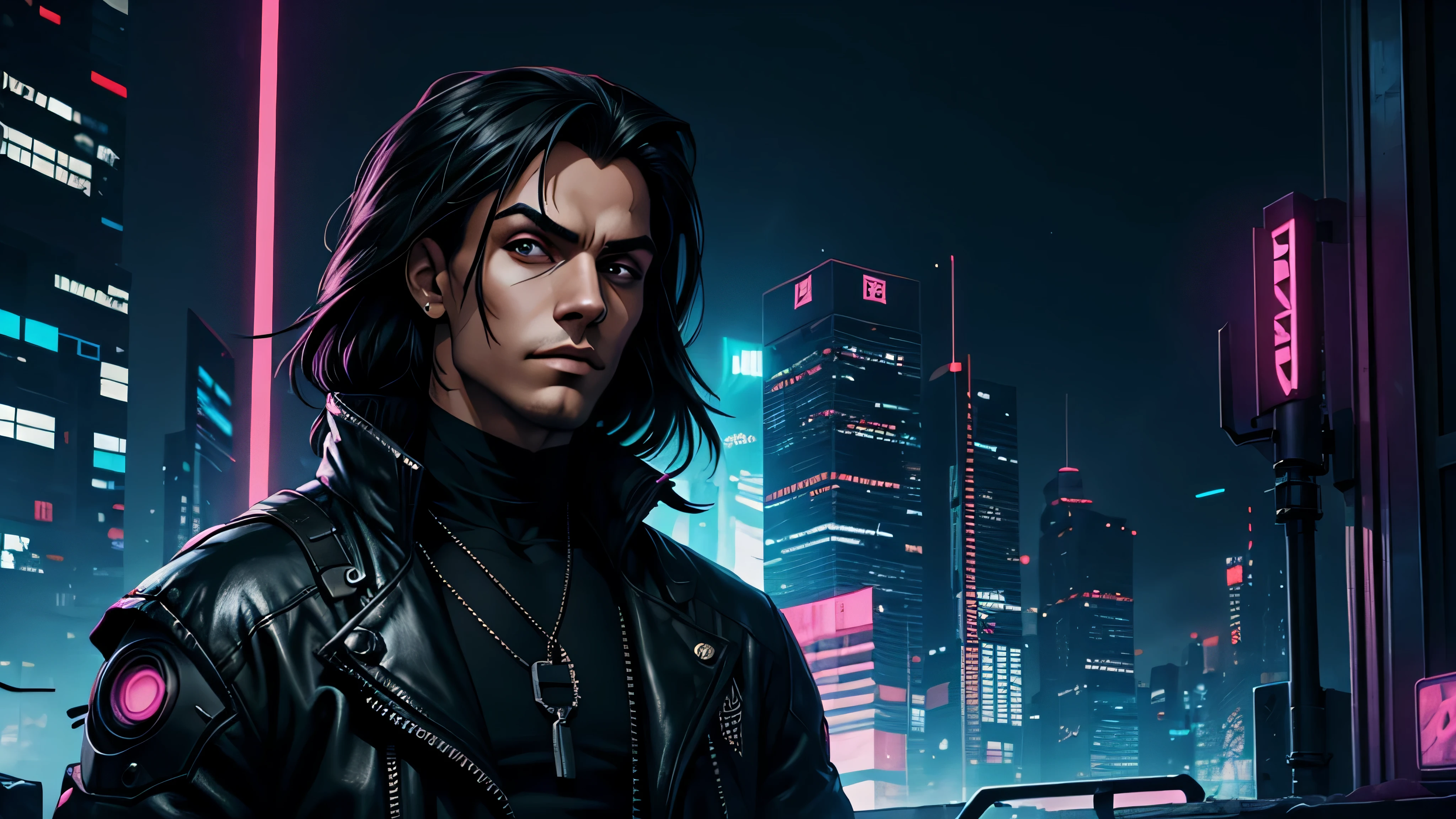 Ciberpunk, CIDADE, 1 menino, Cabelo preto, olhos pretos, ciborgue