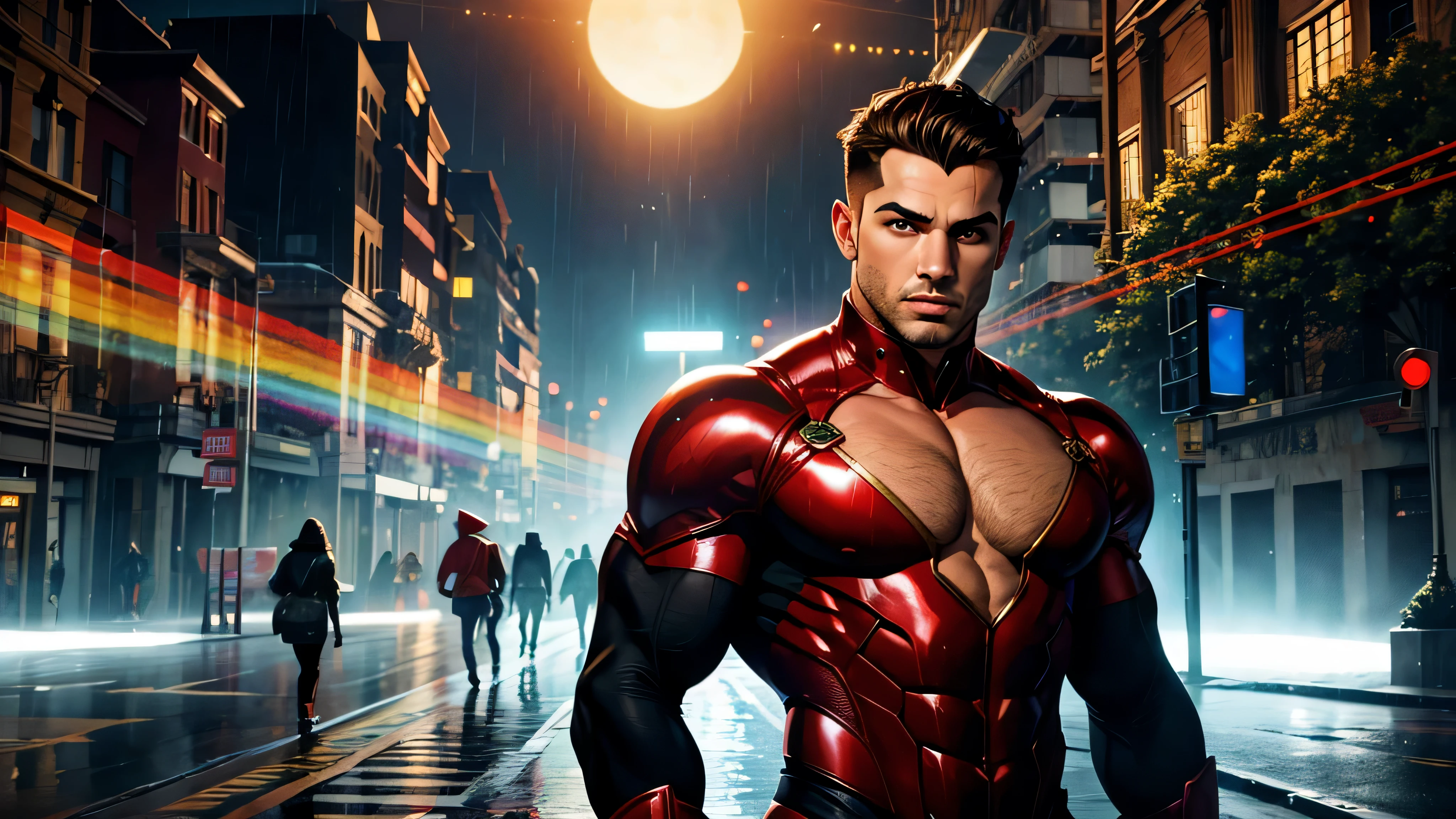 1 ,fundo vermelho,absurdos,obra de arte,high resolution,intrinsecamente detalhado,um homem gay,sexy,muscular,strutting ao ar livre,
olhos lindos,rosto detalhado,Chuva torrencial,ao ar livre,Global illumination,Underground dispersion,