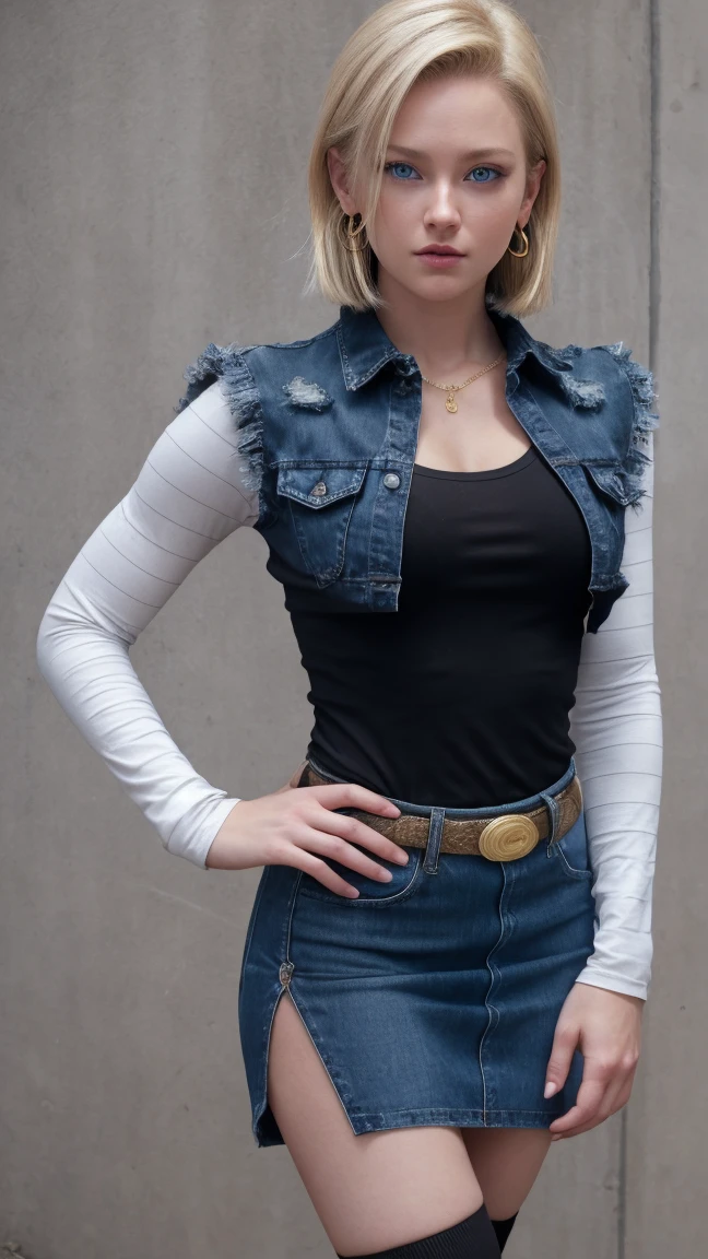 Realistic Android 18, Full Body, Blonde Hair, Blue Eyes, Eyelashes, Hoop Earrings, Short Hair, Earring, Black Sock, White Shirt with Black Stripes, Chest Pocket, Cleavage, Collarbone, Denim, Denim Skirt, Miniskirt high waist, detailed legs, jewelry, long sleeves, pocket, shirt, tucked in shirt, skirt, striped, striped sleeves, vest, correct hands, high volume legs detailed with black tights. She walks towards the viewer