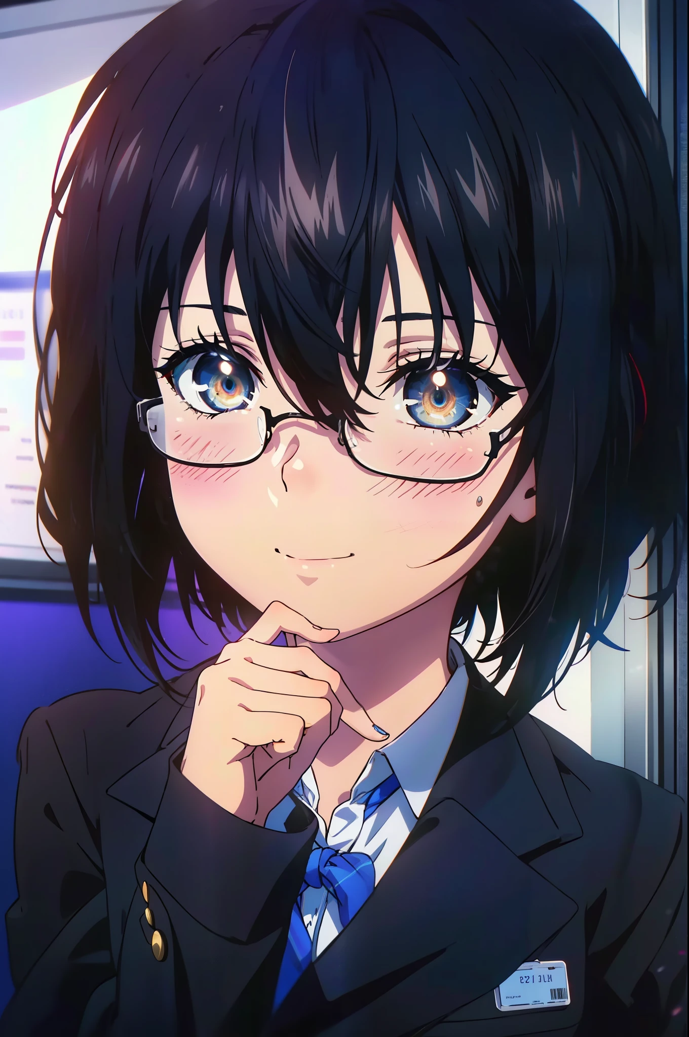 yukina, 1 girl, alone, , find, short hair, bangs, black hair, above the ribs, eyes between hair, brown eyes, OL, red glasses, end, black suit jacket, collared jacket, white dress shirt, collared shirt, neckline, button, strap, ID card on the neck, black pencil skirt, black pantyhose, stiletto heels,smile, blush, whole body, (cowboy shot:1. 5),(masterpiece:1.2), highest quality, High resolution, unity 8k wallpaper, (shape:0.8), (beautiful and detailed eyes:1.6), highly detailed face, perfect lighting, Very detailed CG, (perfect hands, perfect anatomy),