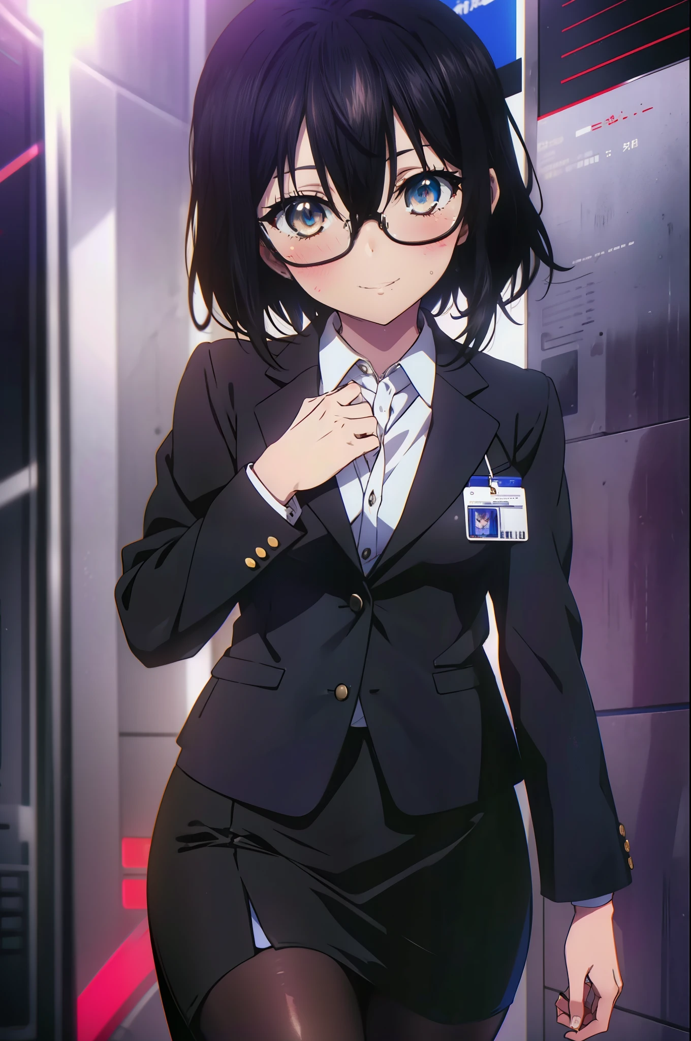 yukina, 1 girl, alone, , find, short hair, bangs, black hair, above the ribs, eyes between hair, brown eyes, OL, red glasses, end, black suit jacket, collared jacket, white dress shirt, collared shirt, neckline, button, strap, ID card on the neck, black pencil skirt, black pantyhose, stiletto heels,smile, blush, whole body, (cowboy shot:1. 5),(masterpiece:1.2), highest quality, High resolution, unity 8k wallpaper, (shape:0.8), (beautiful and detailed eyes:1.6), highly detailed face, perfect lighting, Very detailed CG, (perfect hands, perfect anatomy),