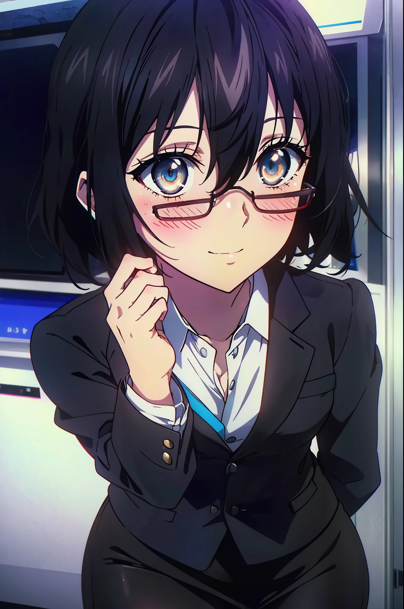 yukina, 1 girl, alone, , find, short hair, bangs, black hair, above the ribs, eyes between hair, brown eyes, OL, red glasses, end, black suit jacket, collared jacket, white dress shirt, collared shirt, neckline, button, strap, ID card on the neck, black pencil skirt, black pantyhose, stiletto heels,smile, blush, whole body, (cowboy shot:1. 5),(masterpiece:1.2), highest quality, High resolution, unity 8k wallpaper, (shape:0.8), (beautiful and detailed eyes:1.6), highly detailed face, perfect lighting, Very detailed CG, (perfect hands, perfect anatomy),