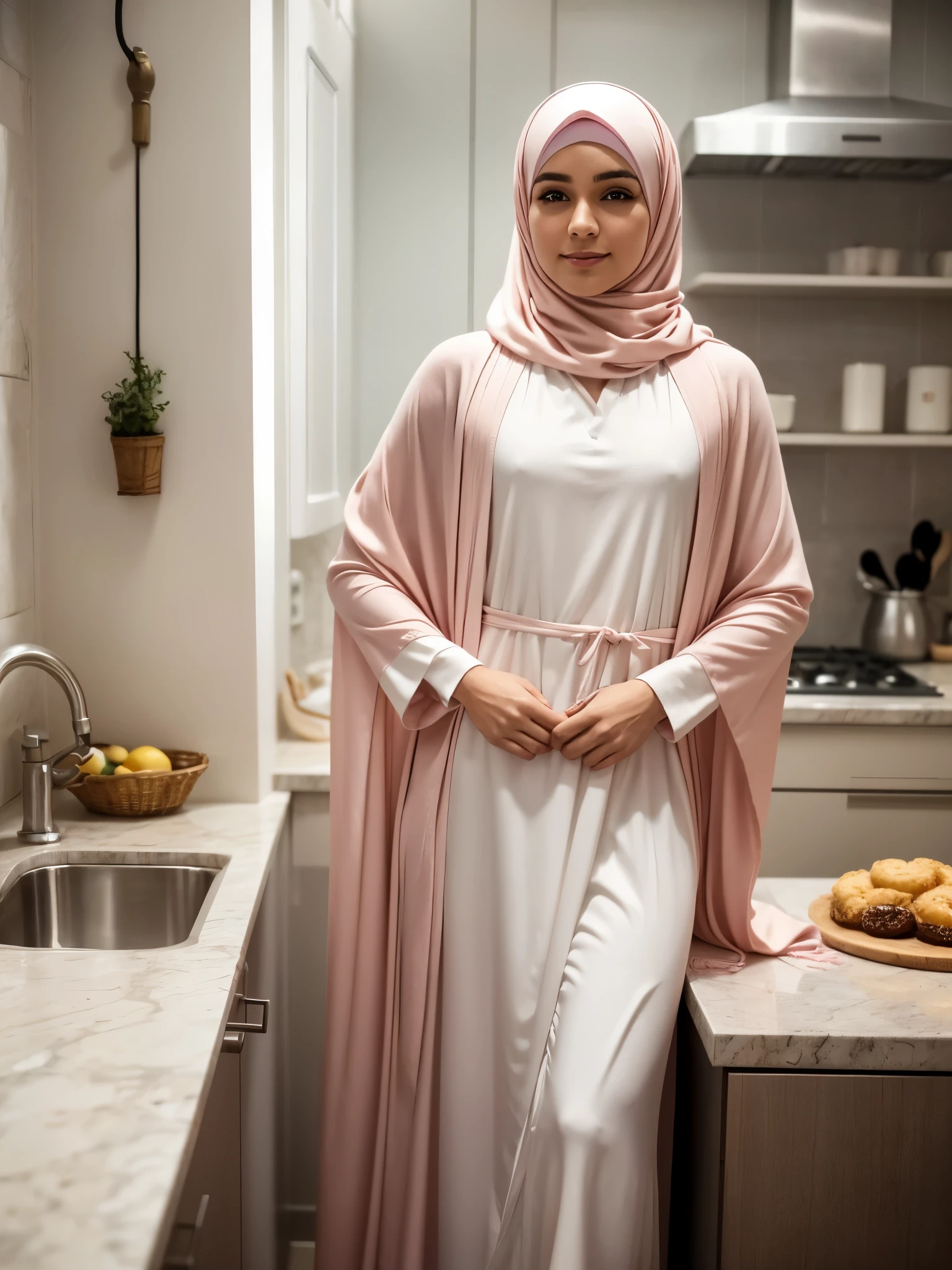 Generate an image of a male with pretty and cute face. He has a thin body and is wearing a soft pink pashmina hijab, a white abaya dress, and a soft pink long outer. The character is standing in a kitchen, facing forward, with a feminine stance and effeminate gesture. The expression on his face is sweet and feminine, and the overall atmosphere of the scene is well-lit and welcoming.
