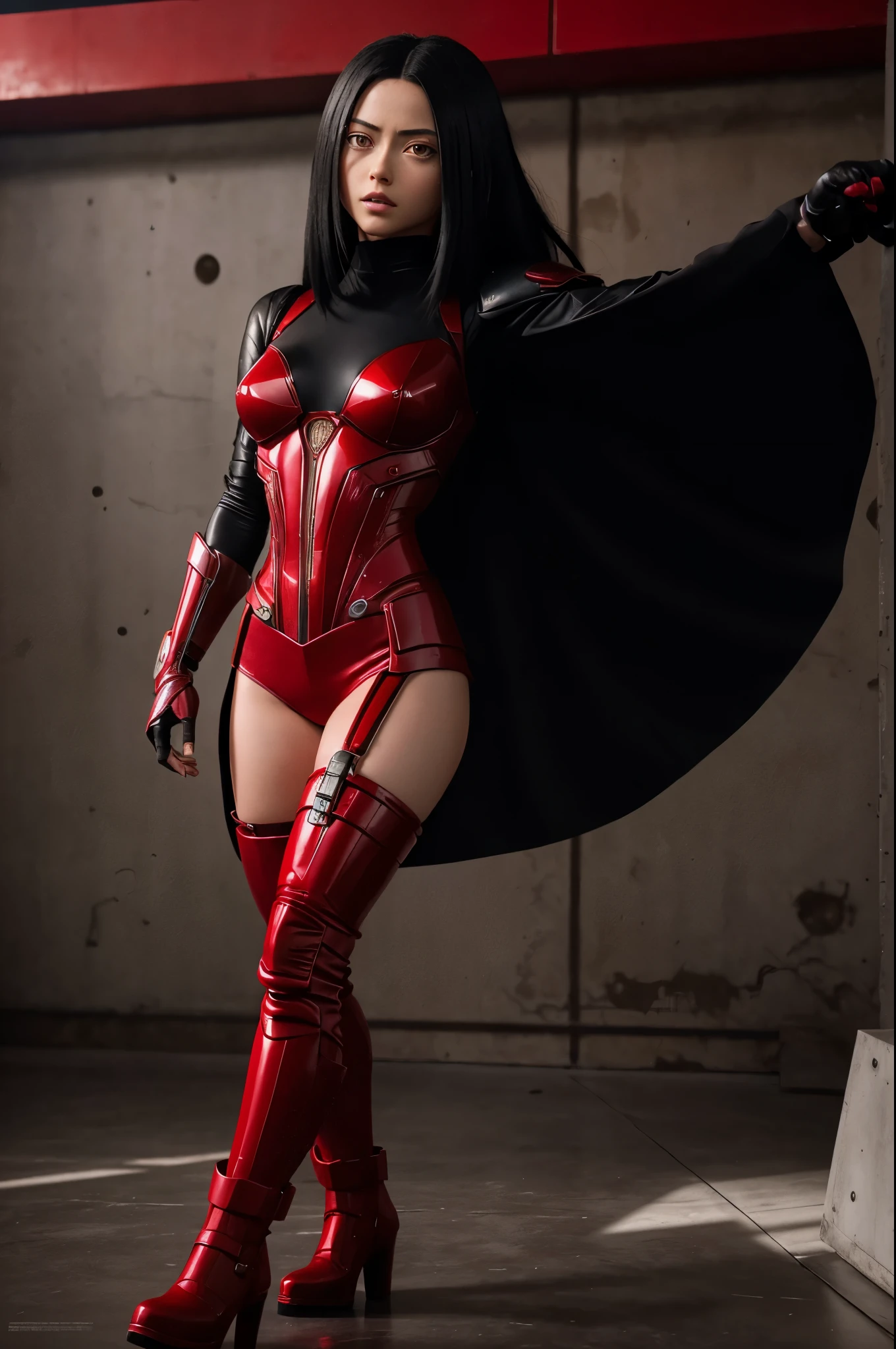 Cinematic, full body shot, Alita from movie Alita Battle Angel with red sexy clothing, Highly detailed, full body, rule of thirds, high quality, high detail