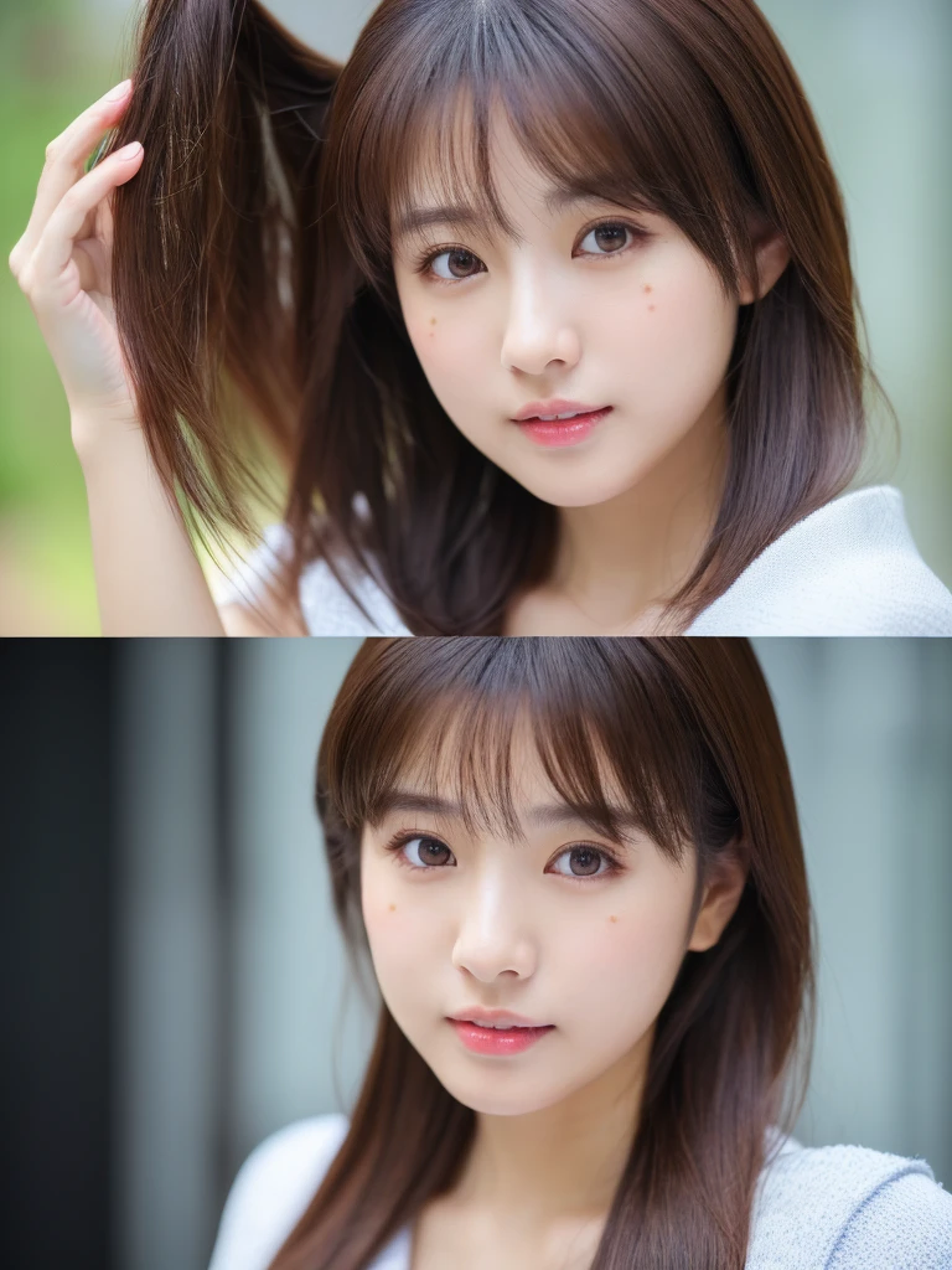 ((cute日本の女の子、beautiful japanese girl、1 girl、19 years old、ponytail、Highly detailed face and skin texture、super detailed face、highly detailed eyes、Lee Hong、blush、close-up of woman、front、 from the neck up、cute、Highly detailed face and skin texture、smooth white skin、Transparent skin texture、))、(dark brown hair)、looking at camera、sharp focus:1.2、beautiful woman with perfect style:1.4、japanese model、young gravure idol、若いcuteグラビアアイドル、Realistic young gravure idol、sophisticated gravure idol、((highest quality、8k、masterpiece:1.5、1photograph))、(4k、RAWphotograph、highest quality)、Place a person on the other side of the screen、Natural light、professional lighting、(realistic、フォトrealistic:1.5)、