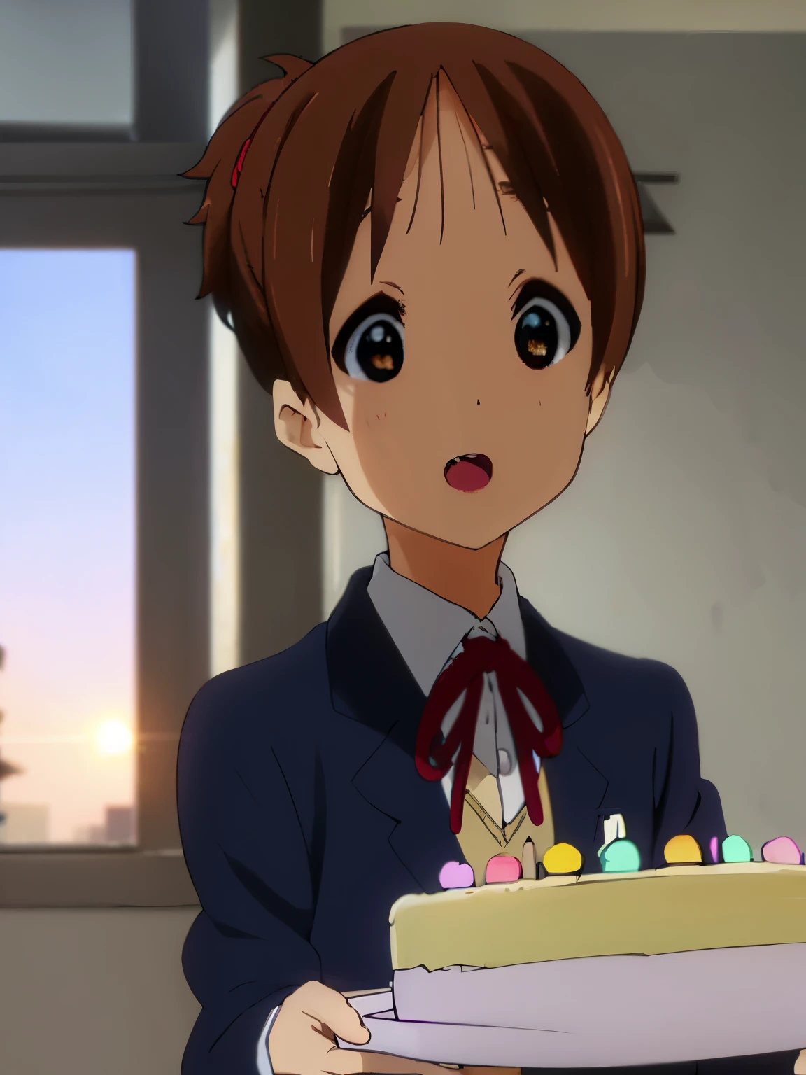 1girl, (((masterpiece))), top-quality, top-quality, High Details,(((picture perfect))), 1girl, solo, ui hirasawa, school uniform, sweater vest, short sleeves, looking at viewer, school, classroom, smile, short hair, hair tied, A brown-haired, brown-eyed, solo, reddish, Dark blue blazer with thin red ribbon, Solid white buttoned shirt under blazer, birthday party decorations, wearing birthday hats ,illustratio, comic strip, soothing tones, Subdued Color, Soft cinematic light, adobe lightroom, photolab, HDR, intricately and hyper-detailed、(((depth of fields))))。(((masterpiece)))。(((top-quality))).)((ultra-detailliert)))。(((illustratio)))。(((takeout))).dynamic focus.big breasts.(((school))).(((A classroom))).(((Face of happy))). open mouth.(((hand holding birthday cake))).(((up chest))).((morning glow)).((the setting sun)).