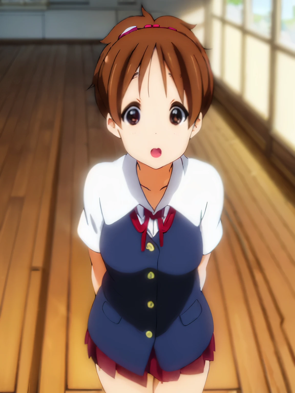 1girl, (((​masterpiece))), top-quality, top-quality, High Details,(((picture perfect))), 1girl, solo, ui hirasawa, school uniform, sweater vest, short sleeves, looking at viewer, school, classroom, smile, short hair, hair tied, A brown-haired, brown-eyed, solo, reddish, Dark blue blazer with thin red ribbon, Solid white buttoned shirt under blazer, birthday party decorations, wearing birthday hats ,illustratio, comic strip, soothing tones, Subdued Color, Soft cinematic light, adobe lightroom, photolab, HDR, intricately and hyper-detailed、(((depth of fields))))。(((​masterpiece)))。(((top-quality))).)((ultra-detailliert)))。(((illustratio)))。(((takeout))).dynamic focus.big breasts.(((school))).(((A classroom))).(((Face of happy))). open mouth.(((hand holding birthday cake))).(((up chest))).((morning glow)).((the setting sun)).