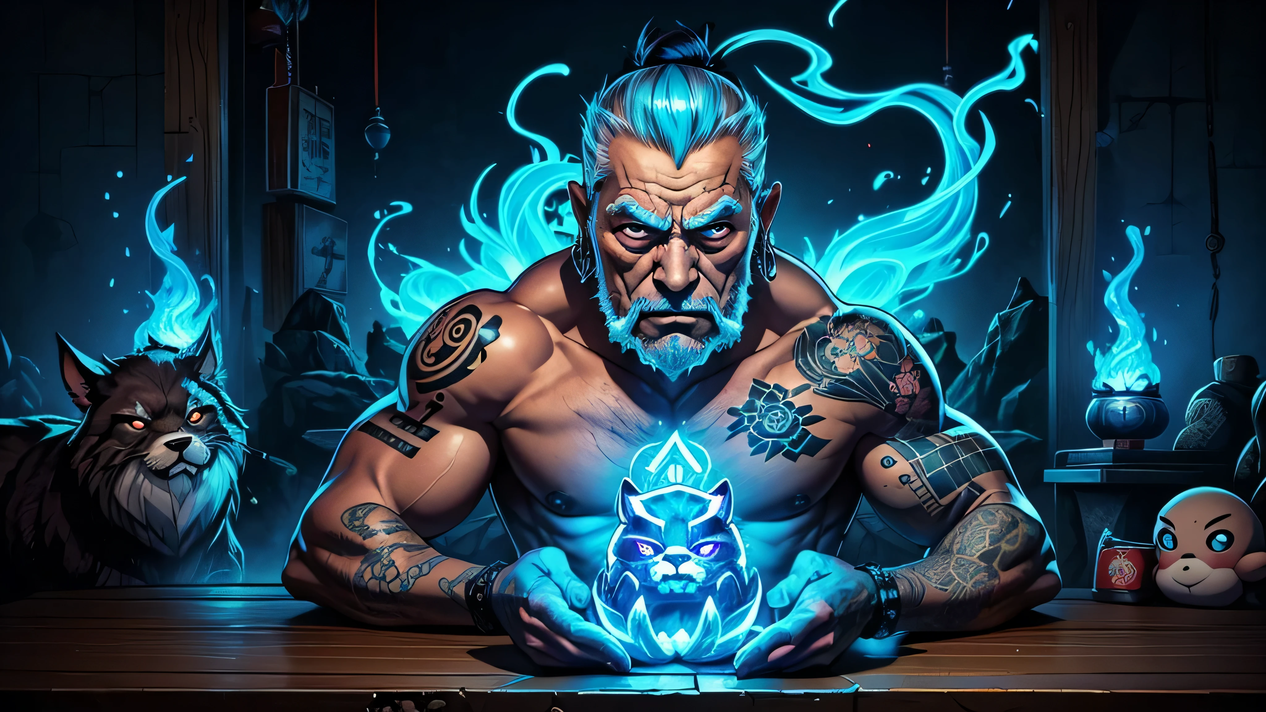 a wise old grandpa, Velha Yakuza, Vestindo um quimono, dangerous appearance, tatuagens, poros da pele, Mancha na pele, fundo azul, Neon, fogo azul