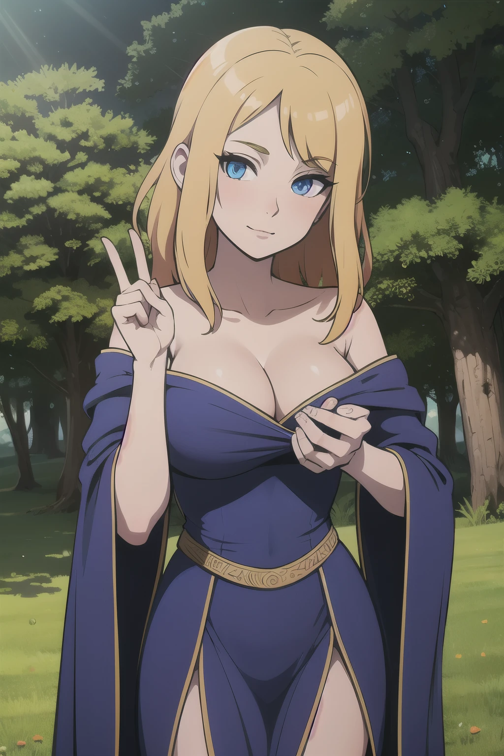 ((Best quality)), ((Masterpiece)), (detailed), perfect face perfect figure, Middle Ages, forest background, Sorceress Woman, woman in a robe, Golden hair, Blue eyes, tight blue robe