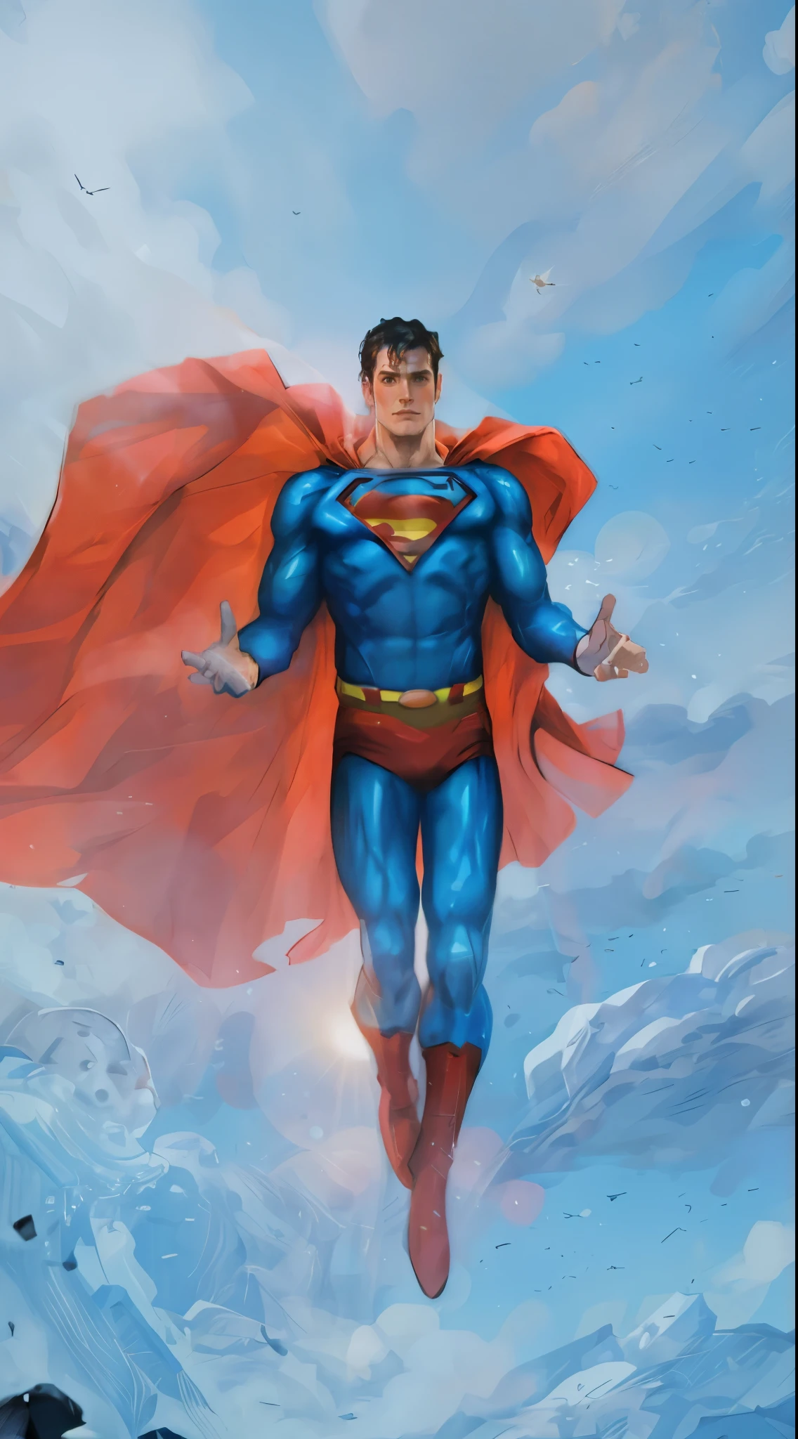 Samdoesart, Super homen flying through the air with his cape open, Super homen emerging from the sun, Super homen pose, Super homen, francamente, sem texto, Super homen is high, Super homen costume, super high resolution, super simetria, krypton, sobre as nuvens, pintura extremamente detalhada, rosta detalhado, rosto superman, hdr, fullhd, 4k, 8k, muita qualidade, cartoon, pixar