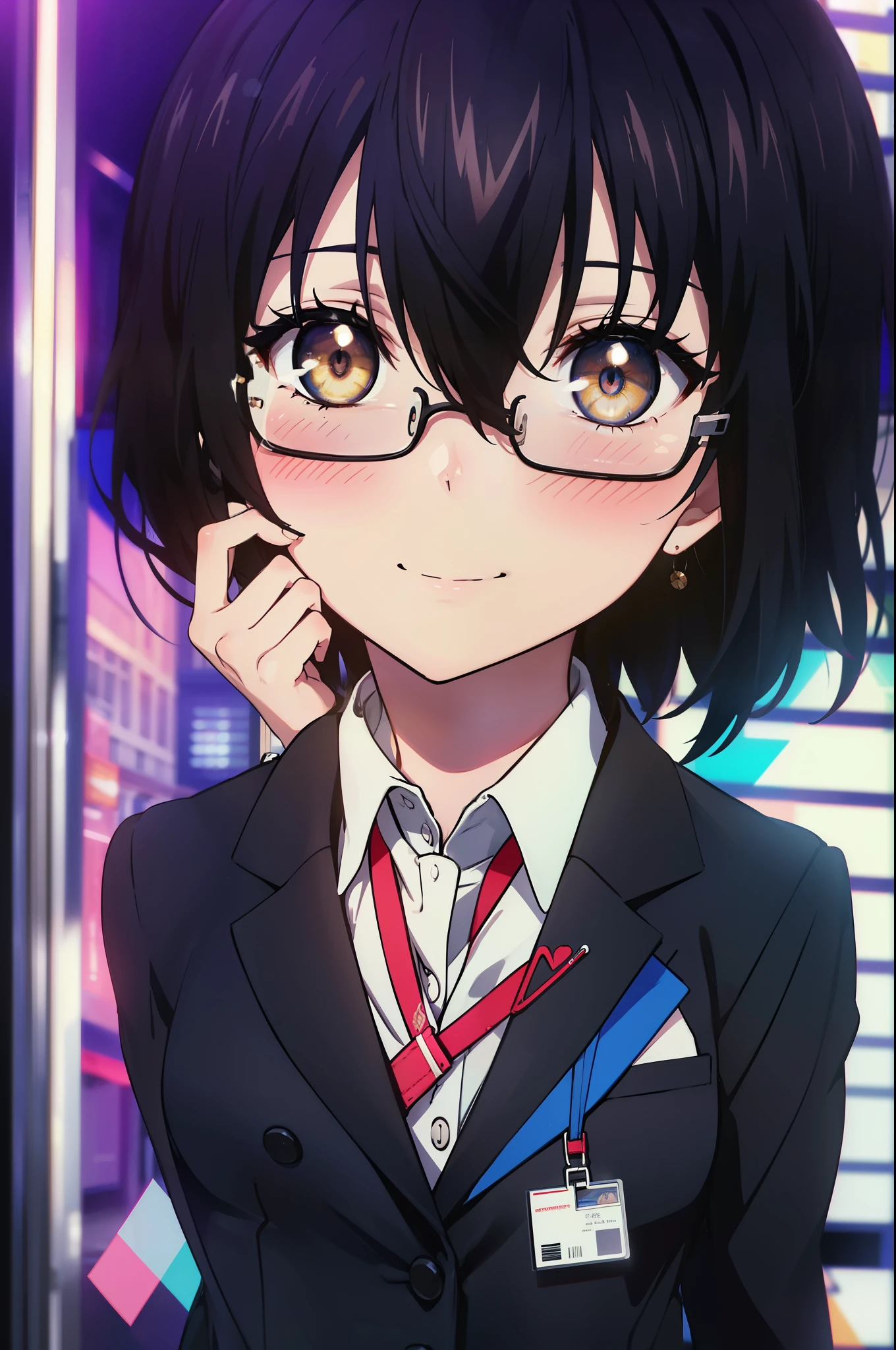 yukina, 1 girl, alone, , find, short hair, bangs, black hair, above the ribs, eyes between hair, brown eyes, OL, red glasses, end, black suit jacket, collared jacket, white dress shirt, collared shirt, neckline, button, strap, ID card on the neck, black pencil skirt, black pantyhose, stiletto heels,smile, blush, whole body, In town,building street,morning日,morning,Light of the sun,(cowboy shot:1. 5),(masterpiece:1.2), highest quality, High resolution, unity 8k wallpaper, (shape:0.8), (beautiful and detailed eyes:1.6), highly detailed face, perfect lighting, Very detailed CG, (perfect hands, perfect anatomy),