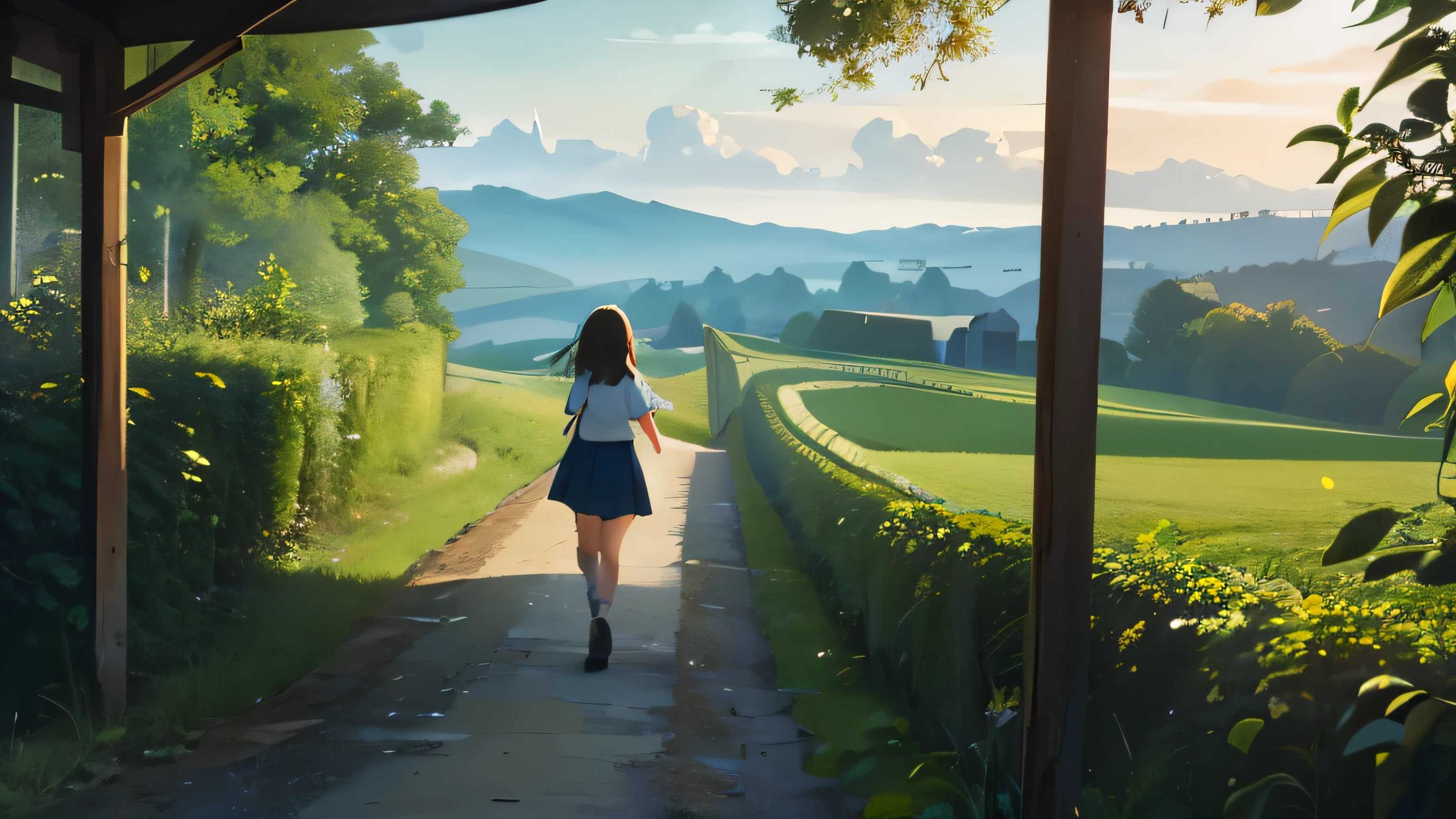 super high quality, 8k, beautiful image quality, Girl on her way home from school, I will walk to the country road, shepherd'footprints, field, fresh air, I'Iは飛び交う小ネタを眺めている., walking to the countryside, Scattered houses々view, Smell the scent of earth in the countryside, While listening to the frog song, Listening to the sound of gurgling water,