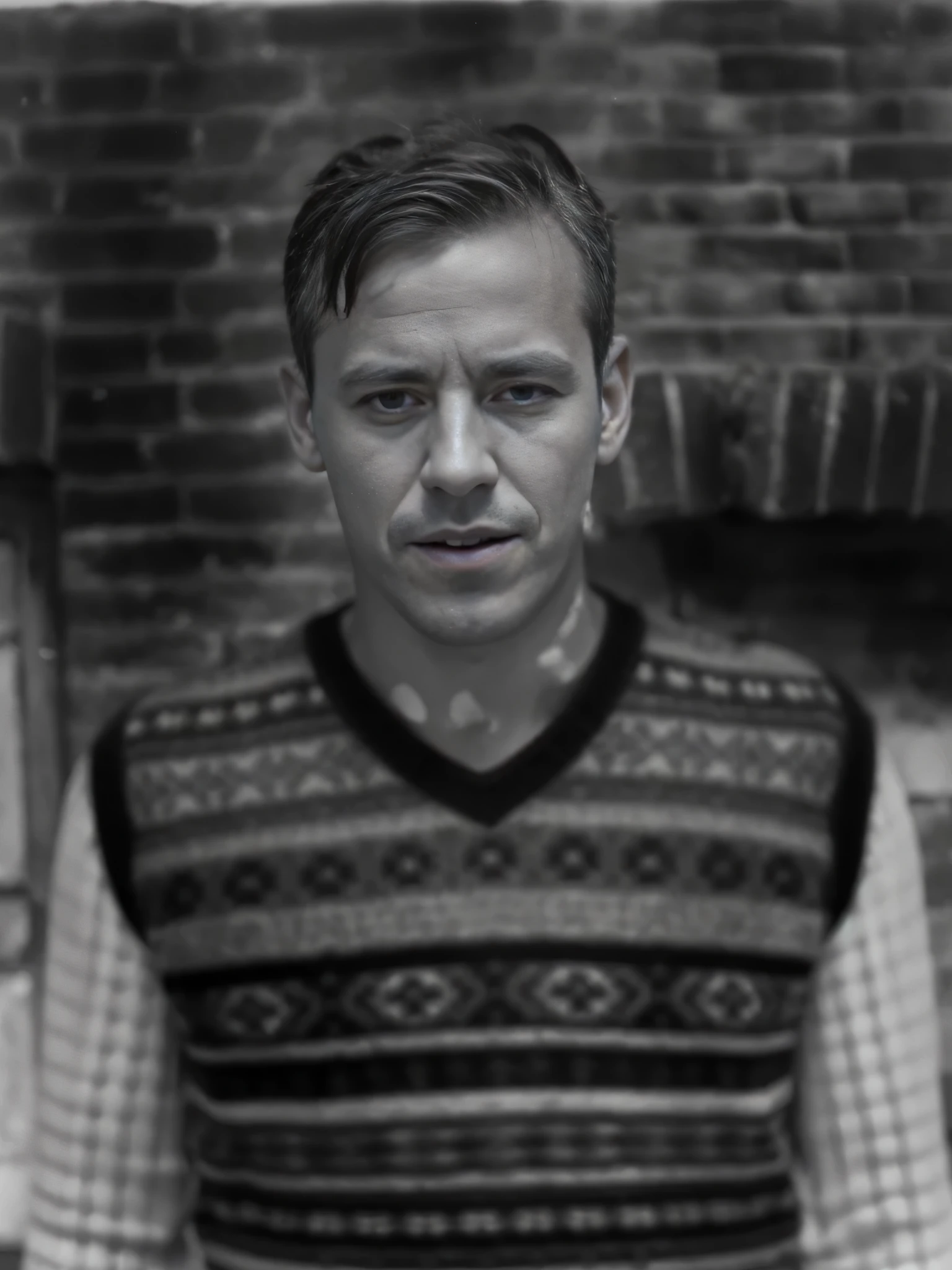 Arafed man in a sweater standing in front of a brick wall, inspired by Oskar Lüthy, retrato vfx muy detallado of, retrato vfx muy detallado, inspiration and Willem Labeij, inspirado en Edward Corbett, inspirado por Howard Knotts, foto granulada de un hombre feo, inspired by Hallsteinn Sigurðsson
