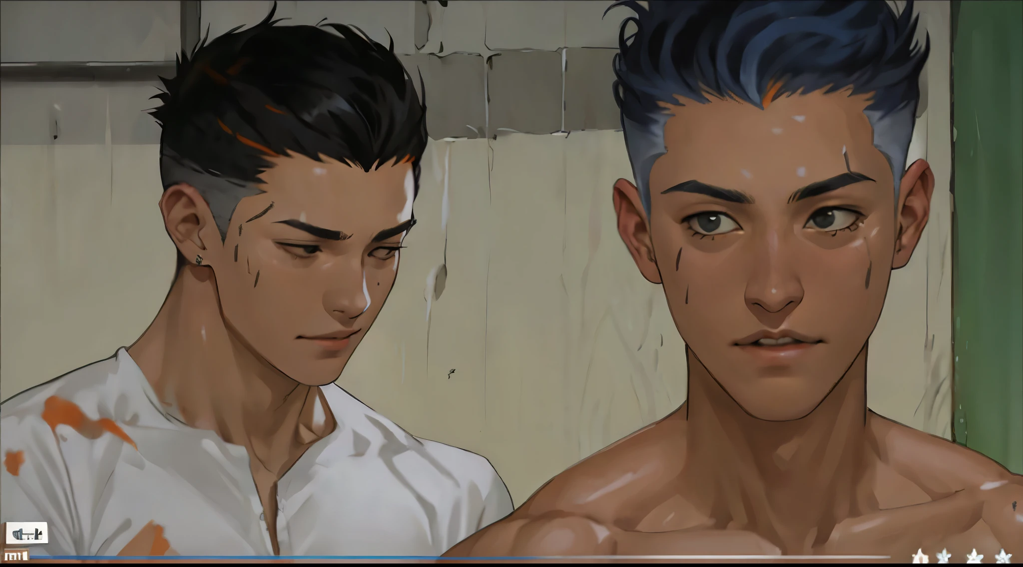 two boys 20 -year-old ((extremely cute and beautiful boy)),digital drawing , Peter Pan examines the buttocks of a 17-year-old European boy,(((big ass))),((curly black hair,short hair))),(((white skin,shiny skin,very shiny body,plastic shiny skin,exaggerated ,lit skin,wet legs))),detailed body,cute,slutty,seductive,??????,(((NFV))), revealing jeans clothes,(masterpiece),(Best quality)