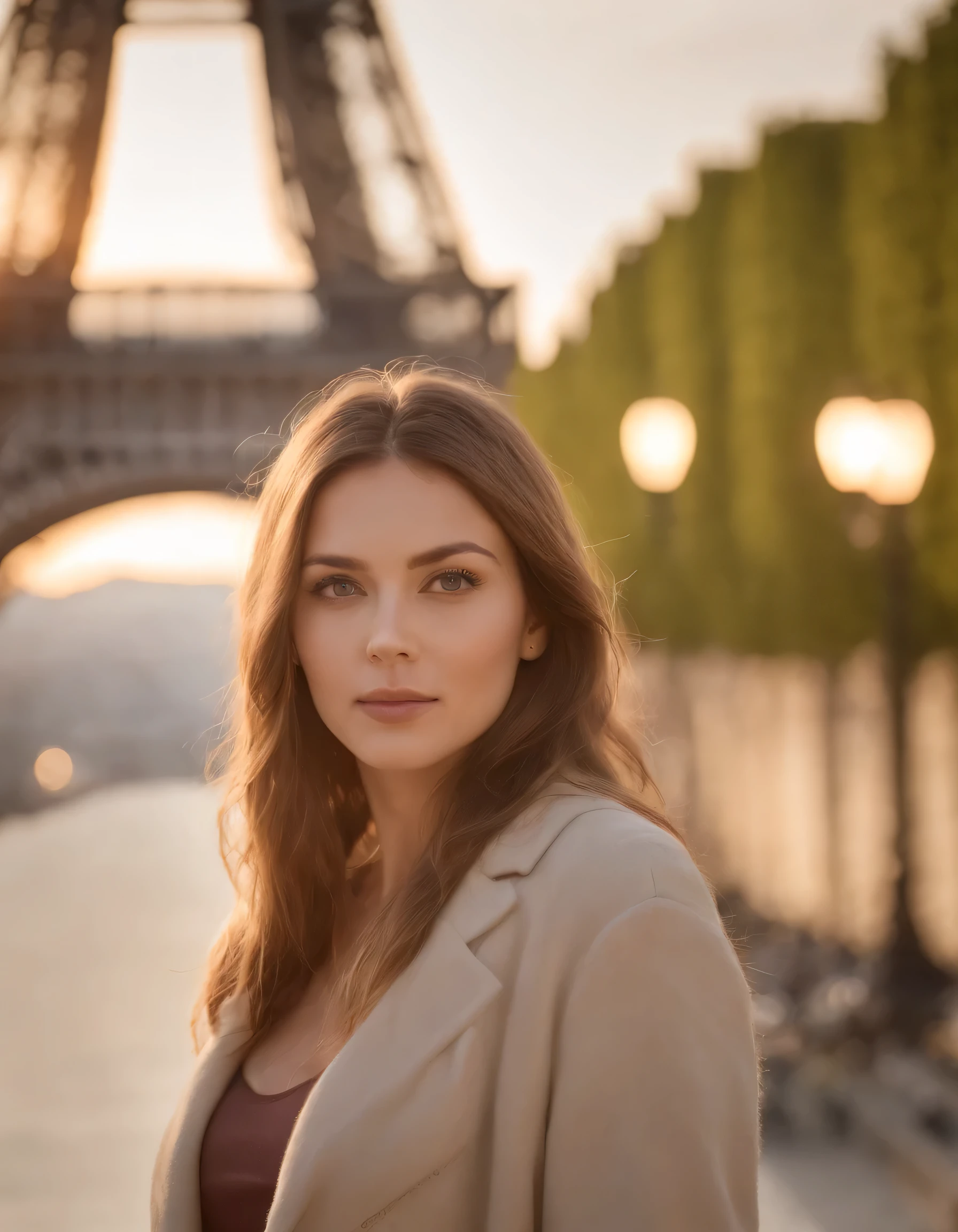 mujer (femelle) Atractivo cerca de la Torre Eiffel, pelo rubio, pose atractiva, Sun behind, Vue attrayante,Tiro promedio