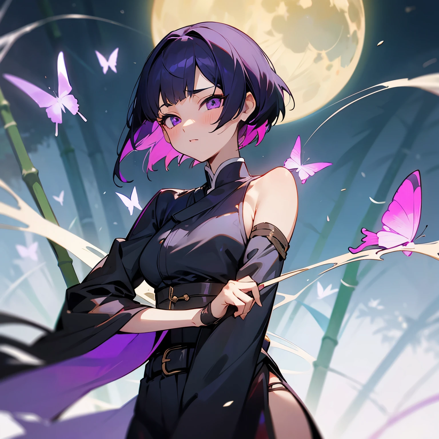 Master parts, best qualityer, highr, 1girll, in bamboo forest,In the background is a huge bright moon, Kochou Shinobu, Butterfly hair ornaments, Purple eyes, multicolored hair, Short hair, Separate strip, haori, longer sleeves, Black pantsuit, Black jacket, belt, Cowboy shot,The character faces the camera,Upper body of the character,medium boob, one nipple slip, blush, demon slayer