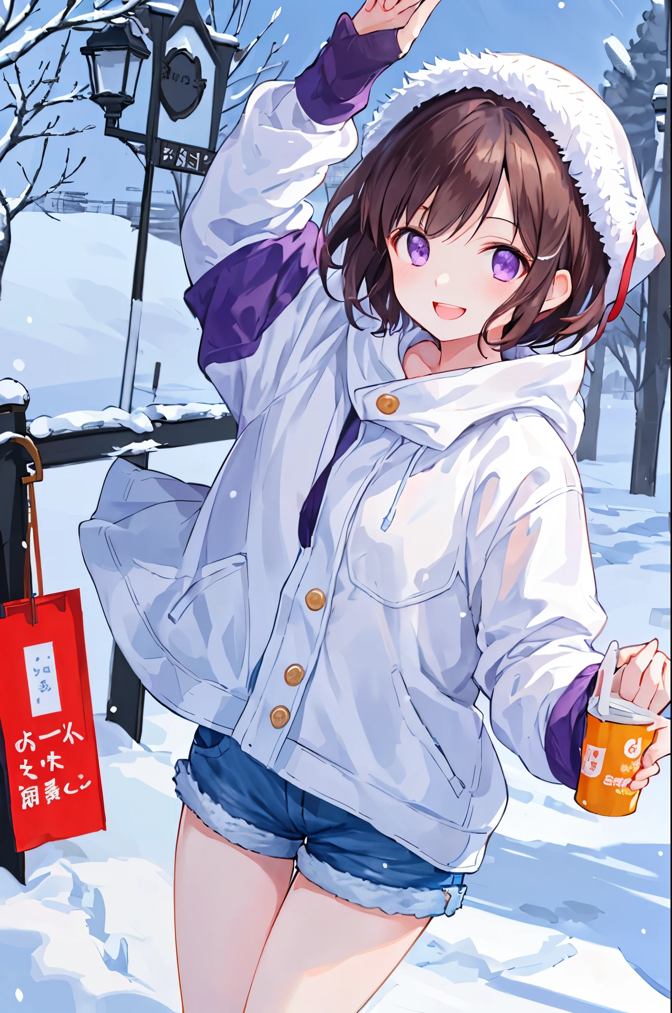 A cheerful girl despite the snow and cold weather、short cut hair、shorts、brown hair、purple eyes、best smile、I want to protect, this smile