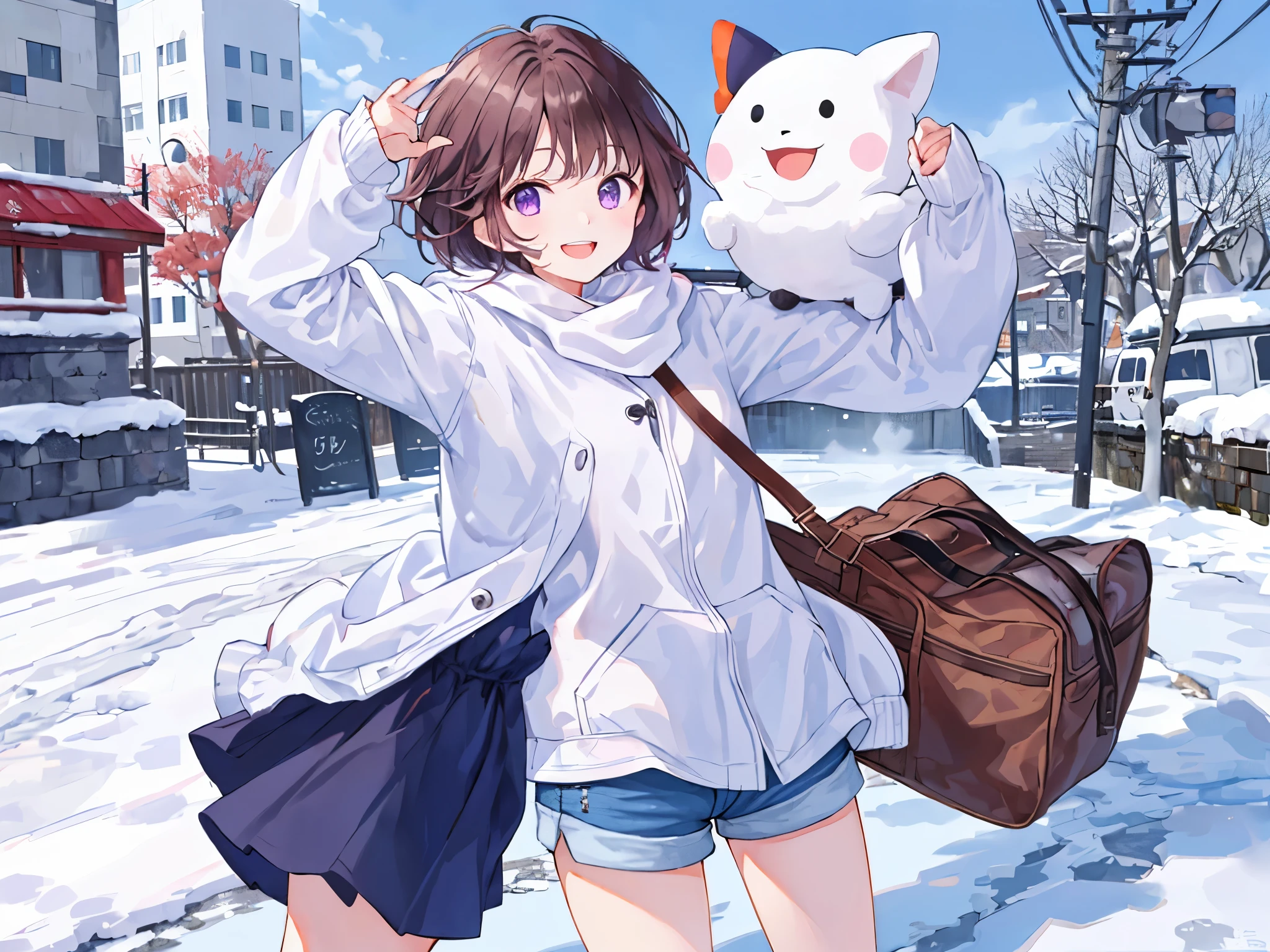 A cheerful girl despite the snow and cold weather、short cut hair、shorts、brown hair、purple eyes、best smile、I want to protect, this smile