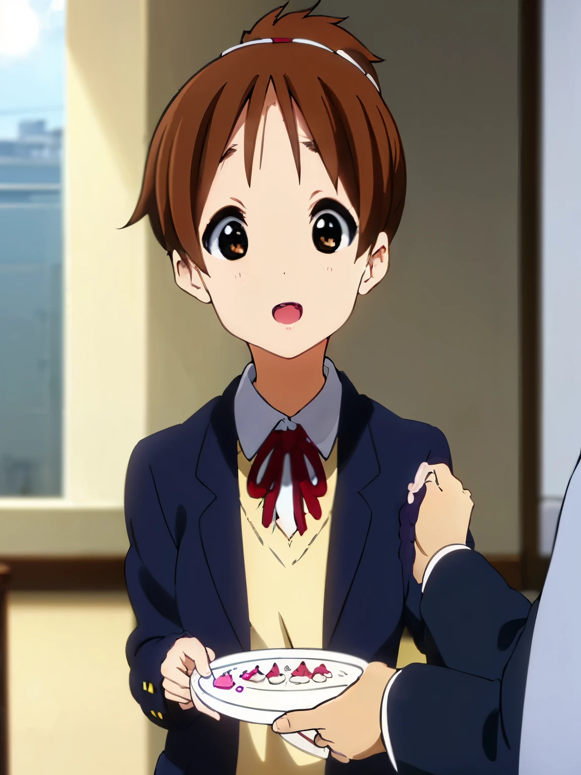 1girl, (((​masterpiece))), top-quality, top-quality, High Details,(((picture perfect))), 1girl, solo, ui hirasawa, school uniform, sweater vest, short sleeves, looking at viewer, school, classroom, smile, short hair, hair tied, A brown-haired, brown-eyed, solo, reddish, Dark blue blazer with thin red ribbon, Solid white buttoned shirt under blazer, birthday party decorations, wearing birthday hats ,illustratio, comic strip, soothing tones, Subdued Color, Soft cinematic light, adobe lightroom, photolab, HDR, intricately and hyper-detailed、(((depth of fields))))。(((​masterpiece)))。(((top-quality))).)((ultra-detailliert)))。(((illustratio)))。(((takeout))).dynamic focus.big breasts.(((school))).(((A classroom))).(((Face of happy))). open mouth.(((hand holding birthday cake))).(((up chest))).((morning glow)).((the setting sun)).