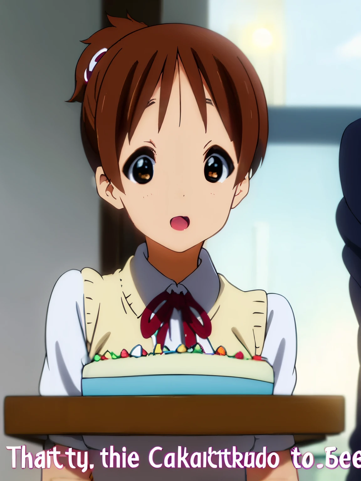 1girl, (((​masterpiece))), top-quality, top-quality, High Details,(((picture perfect))), 1girl, solo, ui hirasawa, school uniform, sweater vest, short sleeves, looking at viewer, school, classroom, smile, short hair, hair tied, A brown-haired, brown-eyed, solo, reddish, Dark blue blazer with thin red ribbon, Solid white buttoned shirt under blazer, birthday party decorations, wearing birthday hats ,illustratio, comic strip, soothing tones, Subdued Color, Soft cinematic light, adobe lightroom, photolab, HDR, intricately and hyper-detailed、(((depth of fields))))。(((​masterpiece)))。(((top-quality))).)((ultra-detailliert)))。(((illustratio)))。(((takeout))).dynamic focus.big breasts.(((school))).(((A classroom))).(((Face of happy))). open mouth.(((hand bring a birthday cake))).(((up chest))).((morning glow)).((the setting sun)).