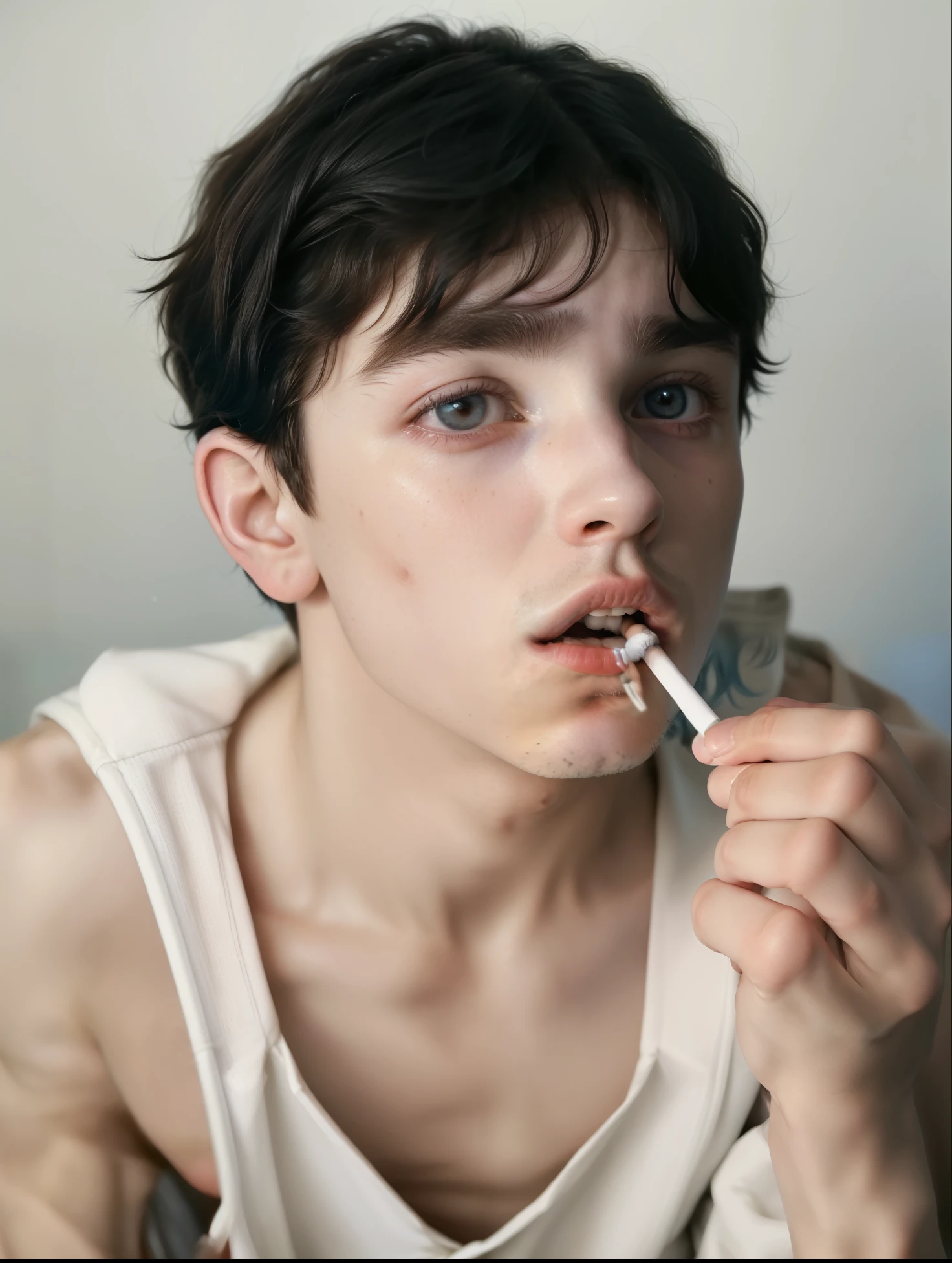 there is a man that is brushing his teeth with a toothbrush, declan mckenna, in style of petra collins, inspired by Nan Goldin, tommy 1 6 years old, cigarette in his mouth, timothee chalamet, cigarette, androgynous person, androgynous male, androgynous face, petra collins, delicate androgynous prince