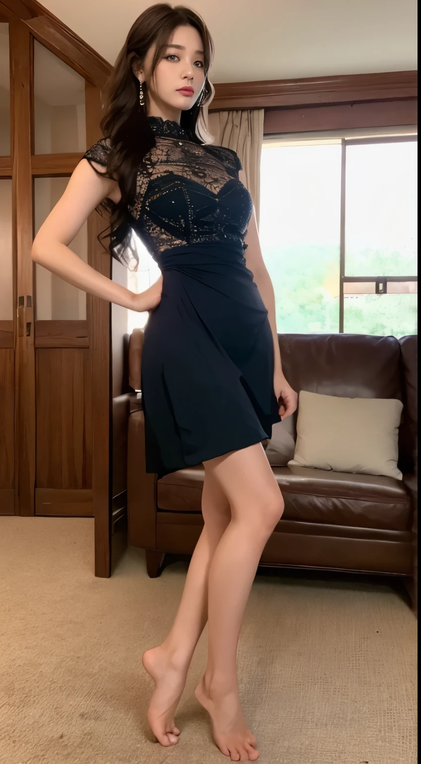 ((Top quality, 8K, tmasterpiece:1.3)), Natasha, focus, high quality, high resolution, solo, beauty, eye wrinkles, charm, full body, necklace, wearing black night skirt for clubbing