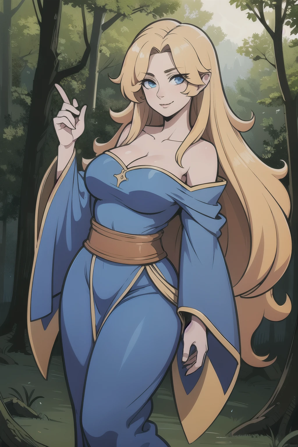 ((Best quality)), ((Masterpiece)), (detailed), perfect face perfect figure, Middle Ages, forest background, Sorceress Woman, woman in a robe, Golden hair, Blue eyes, tight blue robe