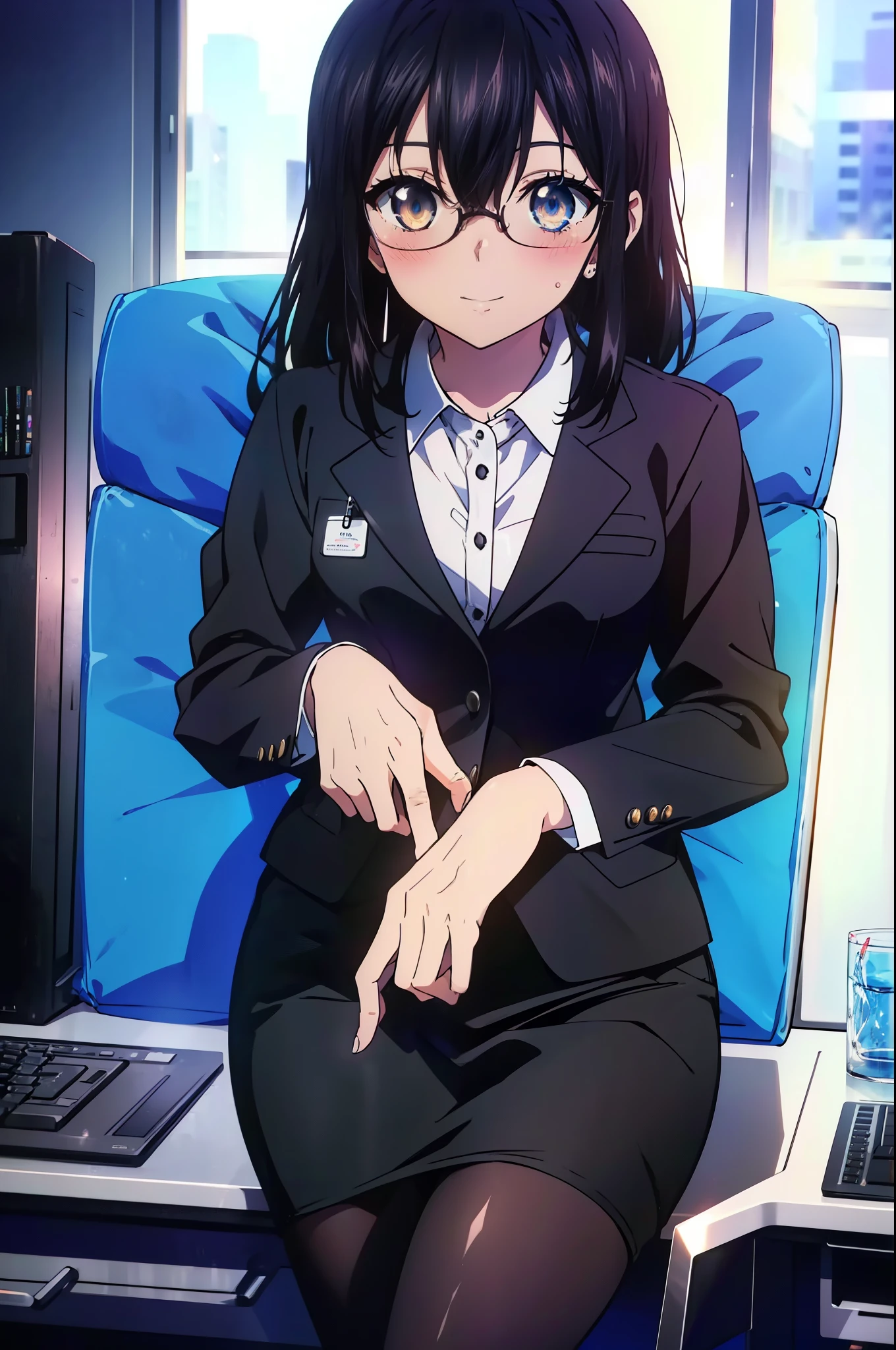 yukina, 1 girl, alone, , find, medium long hair, bangs, black hair, above the ribs, eyes between hair, brown eyes, OL, red glasses, end, black suit jacket, collared jacket, white dress shirt, collared shirt, neckline, button, strap, ID card on the neck, black pencil skirt, black pantyhose, stiletto heels,charm, Mechanical,On a computer,sitting in a chair, interior,touch typing , destroy indoors, office,smile, blush, whole body, In town,building street,morning日,morning,Light of the sun,(cowboy shot:1. 5),(masterpiece:1.2), highest quality, High resolution, unity 8k wallpaper, (shape:0.8), (beautiful and detailed eyes:1.6), highly detailed face, perfect lighting, Very detailed CG, (perfect hands, perfect anatomy),