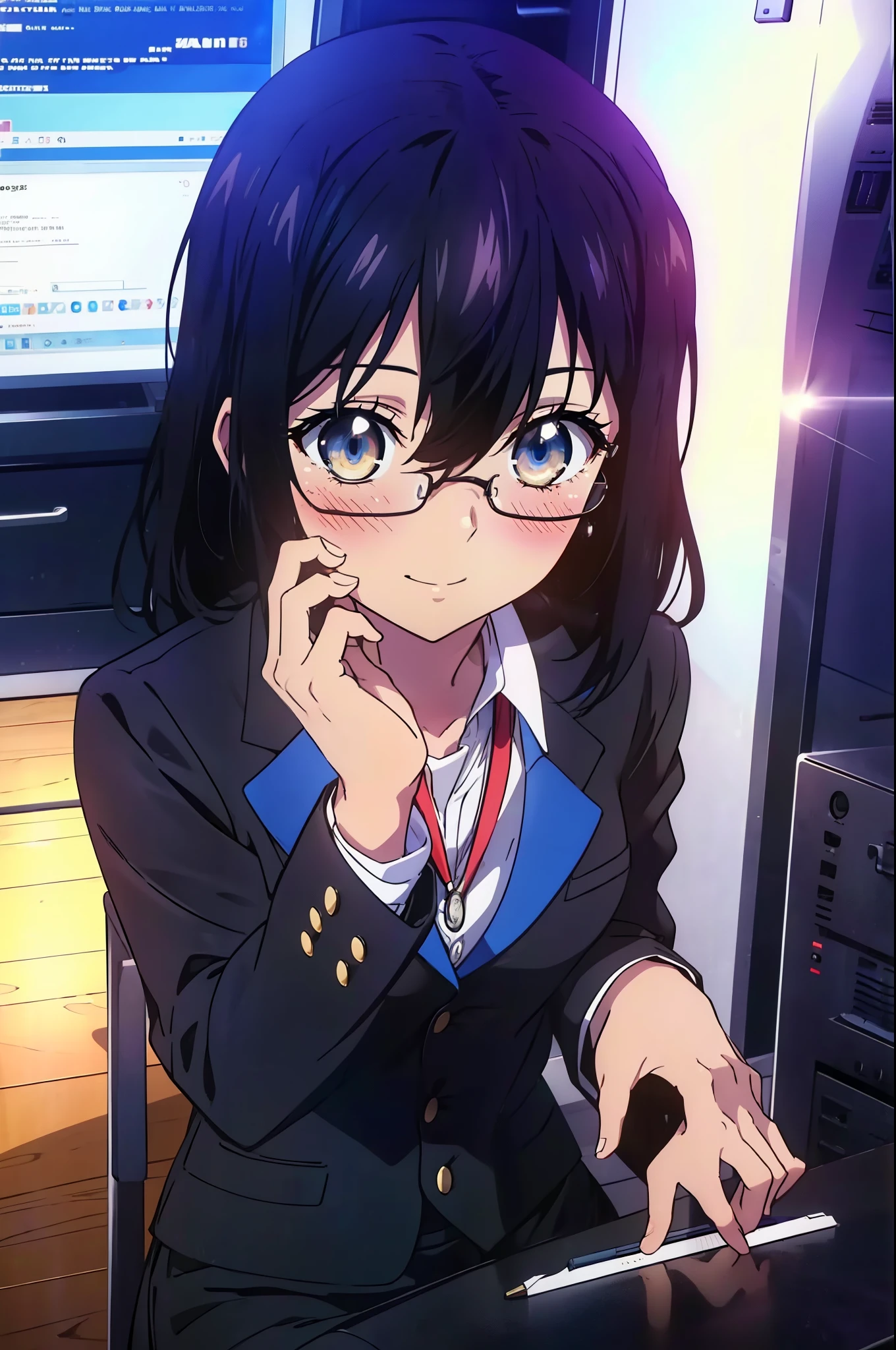 yukina, 1 girl, alone, , find, medium long hair, bangs, black hair, above the ribs, eyes between hair, brown eyes, OL, red glasses, end, black suit jacket, collared jacket, white dress shirt, collared shirt, neckline, button, strap, ID card on the neck, black pencil skirt, black pantyhose, stiletto heels,charm, Mechanical,On a computer,sitting in a chair, interior,touch typing , destroy indoors, office,smile, blush, whole body, In town,building street,morning日,morning,Light of the sun,(cowboy shot:1. 5),(masterpiece:1.2), highest quality, High resolution, unity 8k wallpaper, (shape:0.8), (beautiful and detailed eyes:1.6), highly detailed face, perfect lighting, Very detailed CG, (perfect hands, perfect anatomy),