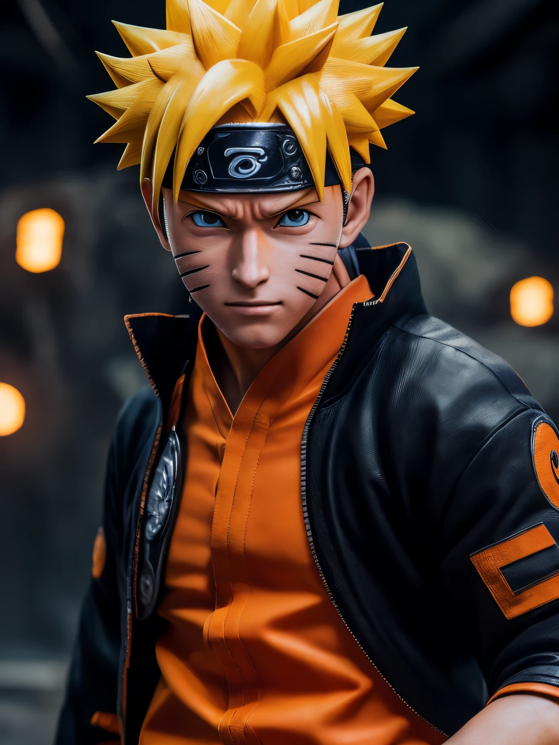 (Photorealistic:1.4) image of a Naruto Uzumaki, (top-quality, 8K, 32K, masterpiece), (dynamic pose), ((facing camera)), (looking at camera), cowboy shot, black orange clothing, depth of field f/1.8, kurama and smoked background, orange color, cinematic lighting.