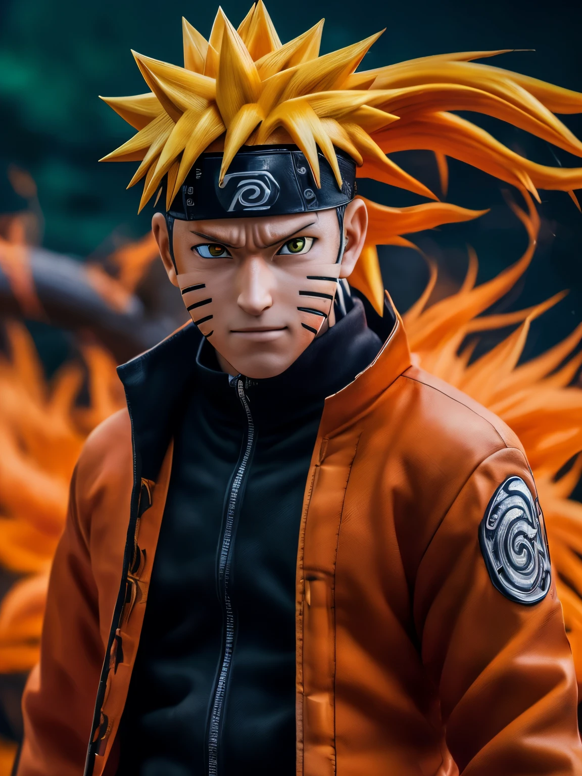 (Photorealistic:1.4) image of a Naruto Uzumaki, (top-quality, 8K, 32K, masterpiece), (dynamic pose), ((facing camera)), (looking at camera), cowboy shot, black orange clothing, depth of field f/1.8, kurama and smoked background, orange color, cinematic lighting.