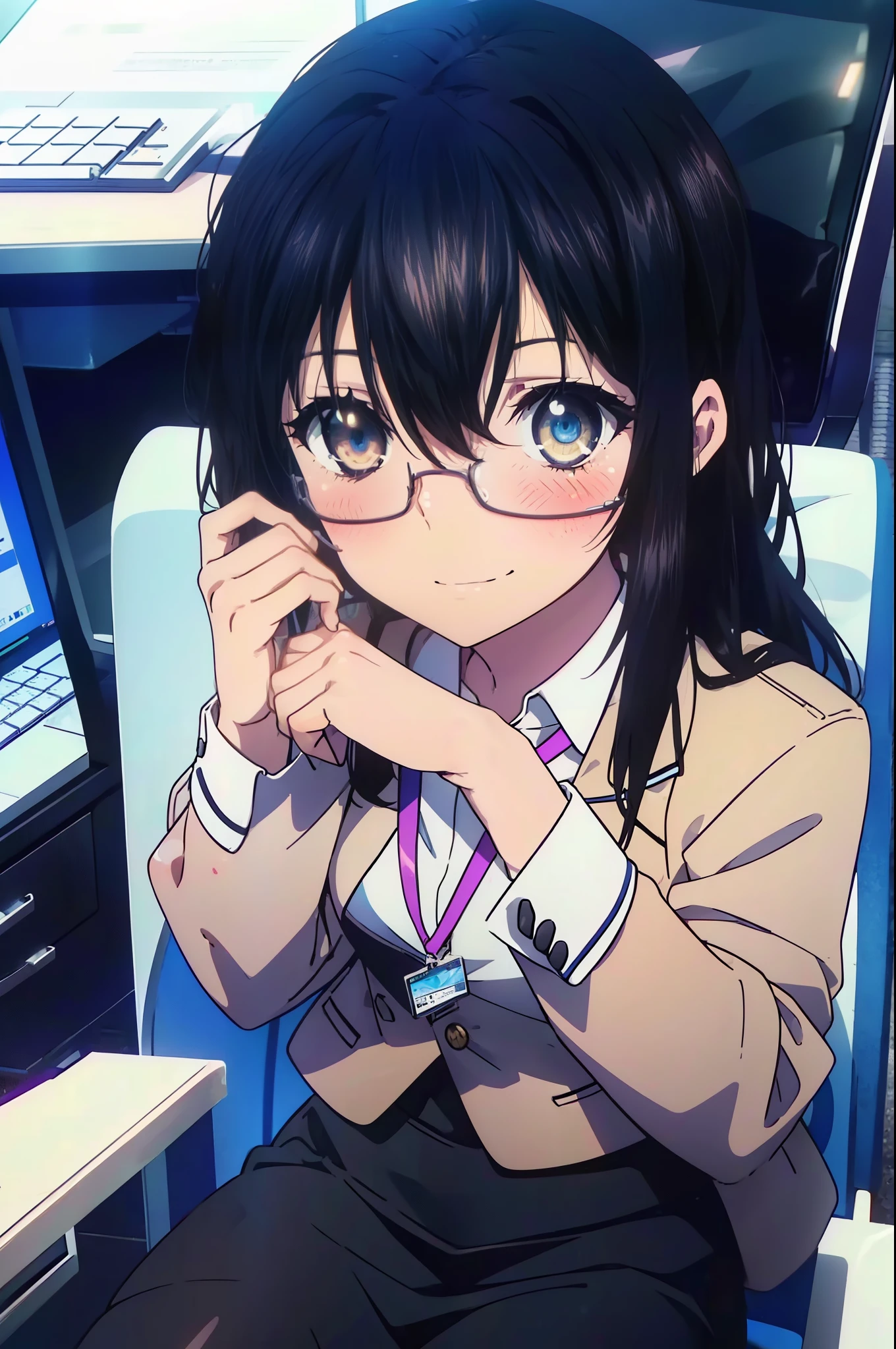 yukina, 1 girl, alone, , find, medium long hair, bangs, black hair, above the ribs, eyes between hair, brown eyes, OL, red glasses, end, black suit jacket, collared jacket, white dress shirt, collared shirt, neckline, button, strap, ID card on the neck, black pencil skirt, black pantyhose, stiletto heels,charm, Mechanical,On a computer,sitting in a chair, interior,touch typing , destroy indoors, office,smile, blush, whole body, In town,building street,morning日,morning,Light of the sun,(cowboy shot:1. 5),(masterpiece:1.2), highest quality, High resolution, unity 8k wallpaper, (shape:0.8), (beautiful and detailed eyes:1.6), highly detailed face, perfect lighting, Very detailed CG, (perfect hands, perfect anatomy),