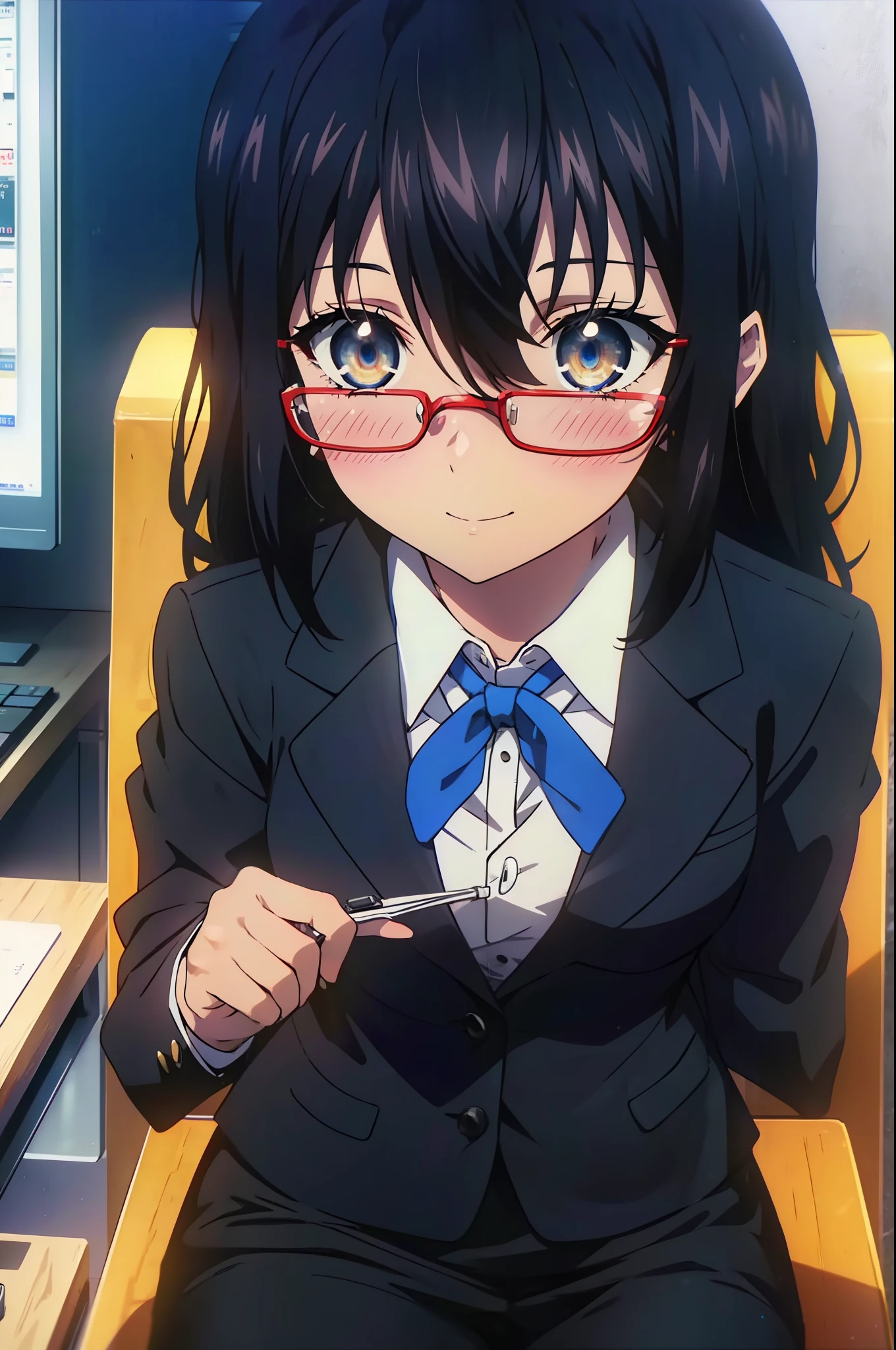 yukina, 1 girl, alone, , find, medium long hair, bangs, black hair, above the ribs, eyes between hair, brown eyes, OL, red glasses, end, black suit jacket, collared jacket, white dress shirt, collared shirt, neckline, button, strap, ID card on the neck, black pencil skirt, black pantyhose, stiletto heels,charm, Mechanical,On a computer,sitting in a chair, interior,touch typing , destroy indoors, office,smile, blush, whole body, In town,building street,morning日,morning,Light of the sun,(cowboy shot:1. 5),(masterpiece:1.2), highest quality, High resolution, unity 8k wallpaper, (shape:0.8), (beautiful and detailed eyes:1.6), highly detailed face, perfect lighting, Very detailed CG, (perfect hands, perfect anatomy),
