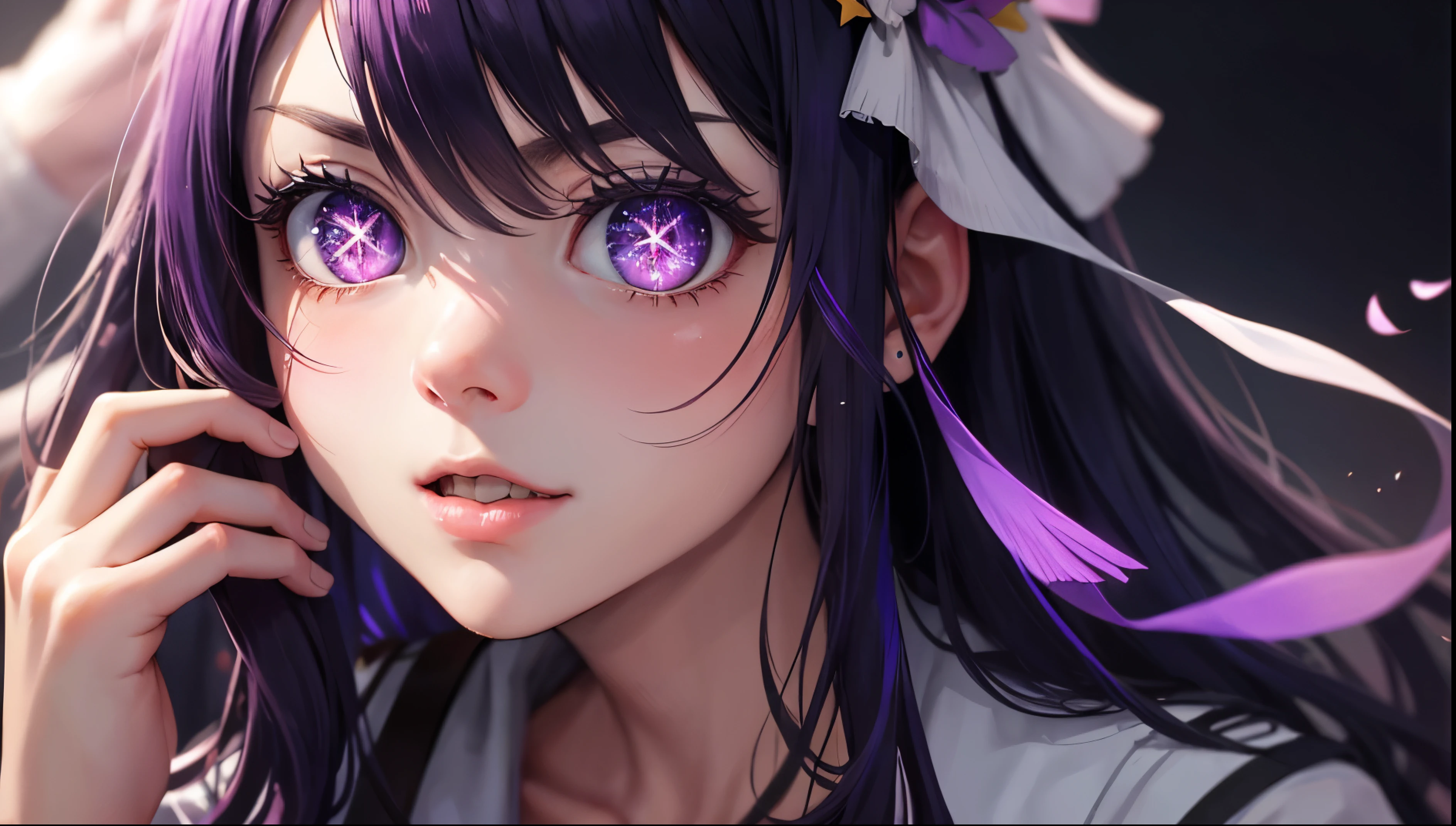 (highly detailed:1.3),upper body, 1girl, solo
Ai hoshino, pink gloves, jewellery, (star shaped eyes),(purple eyes:1.2), purple hair
Ultra-detail,(highres:1.1),best quality,(masterpiece:1.3),cinematic lighting,
(detailed face and eyes:1.3),
