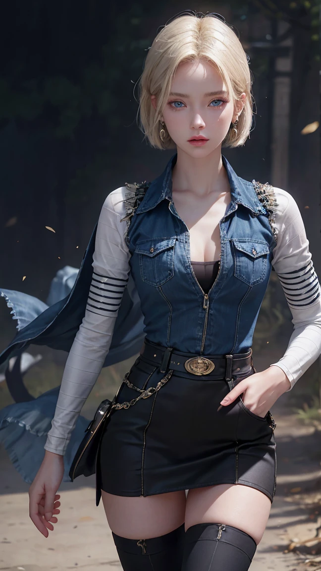 Realistic Android 18, wasp body, full, blonde hair, blue eyes, eyelashes, hoop earrings, short hair, earring, black sock, chest pocket, cleavage, collarbone, denim, denim skirt, high waist miniskirt, legs detailed, jewels, long sleeves. , pocket, shirt, tucked in shirt, skirt, stripes, striped sleeves, short vest, correct hands, large volume detailed legs. He walks towards the spectator who is on the ground. Clothes attached to the body.