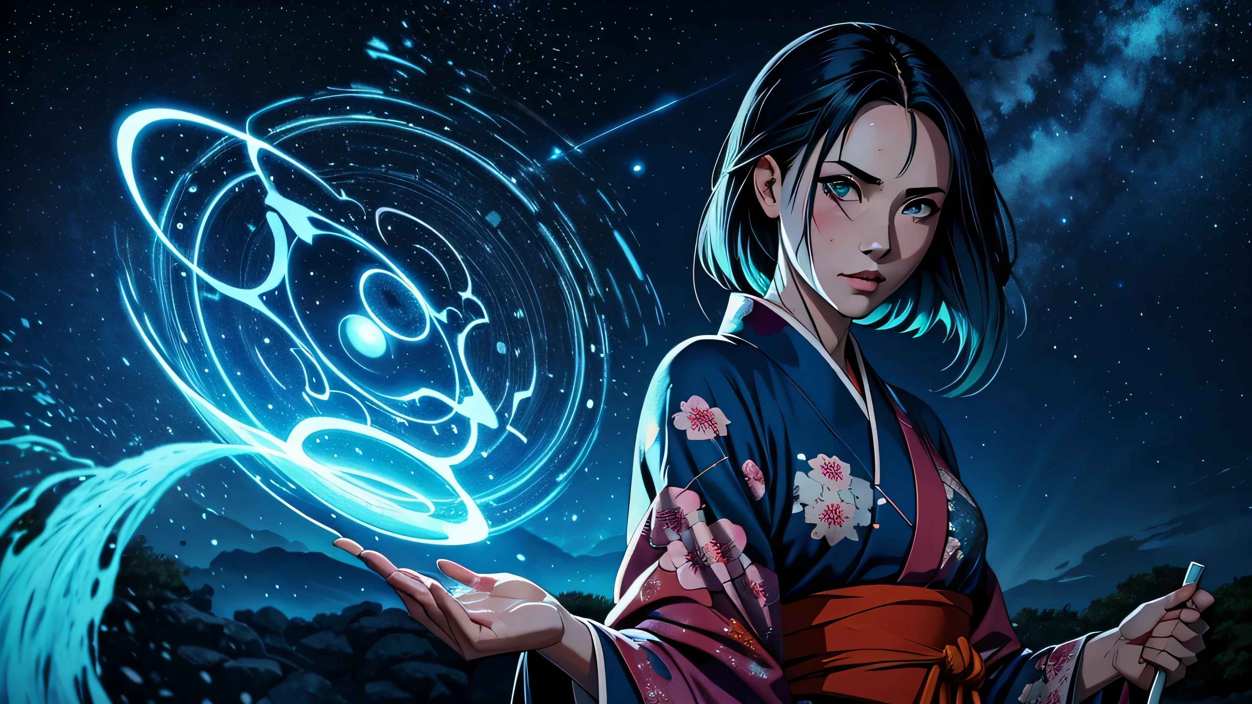 1 garota de anime, roupas japonesas, quimono, cabelo branco, olhos roxos, magic circle, fogo azul, chamas azuis, papel de parede, paisagem, sangue, respingos de sangue, profundidade de campo, noite, light particles, raios de luz, side lighting