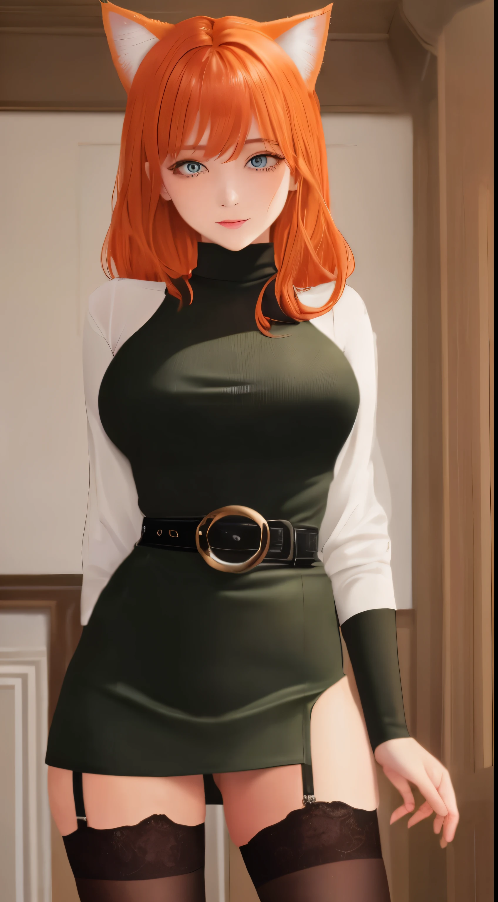 milf, masterpiece, best quality, ultra-detailed, beautiful lighting, 1girl, orange hair, green eyes, freckles, turtleneck, looking at viewer, detalized black stockings with a belt