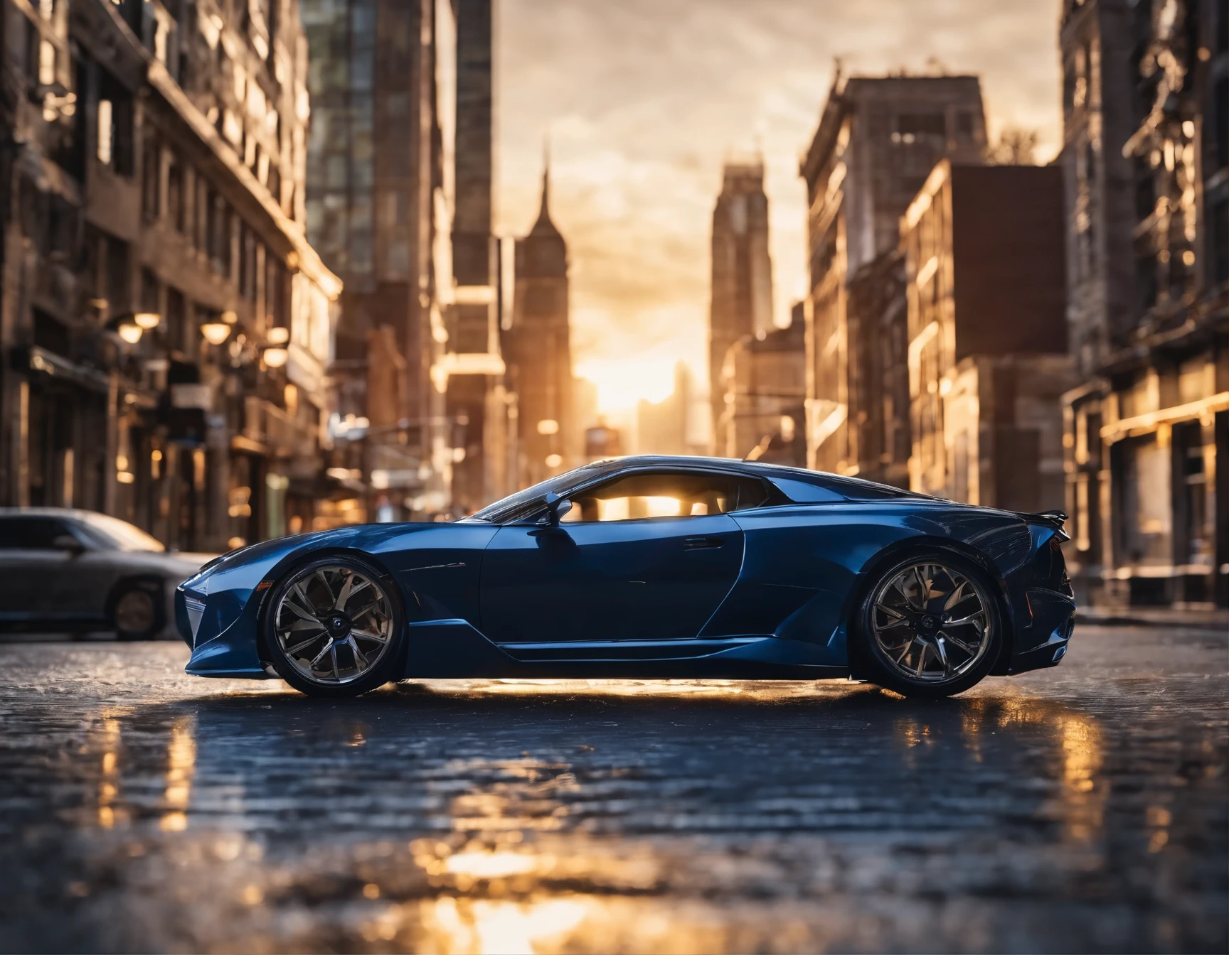 The image has been created, featuring a very low-angle view of a car during golden hour, with a close-up on one of its XM tuning wheels against a rainy urban street reminiscent of Nashville's city center, including a realistic AT&T Building. The scene is enhanced with the reflective paint of the car capturing the warm, golden light, intricate details, edge lighting, two-tone lighting, soft and volumetric lighting, and a pronounced bokeh effect, all contributing to the masterpiece quality of the low exposure photograph.