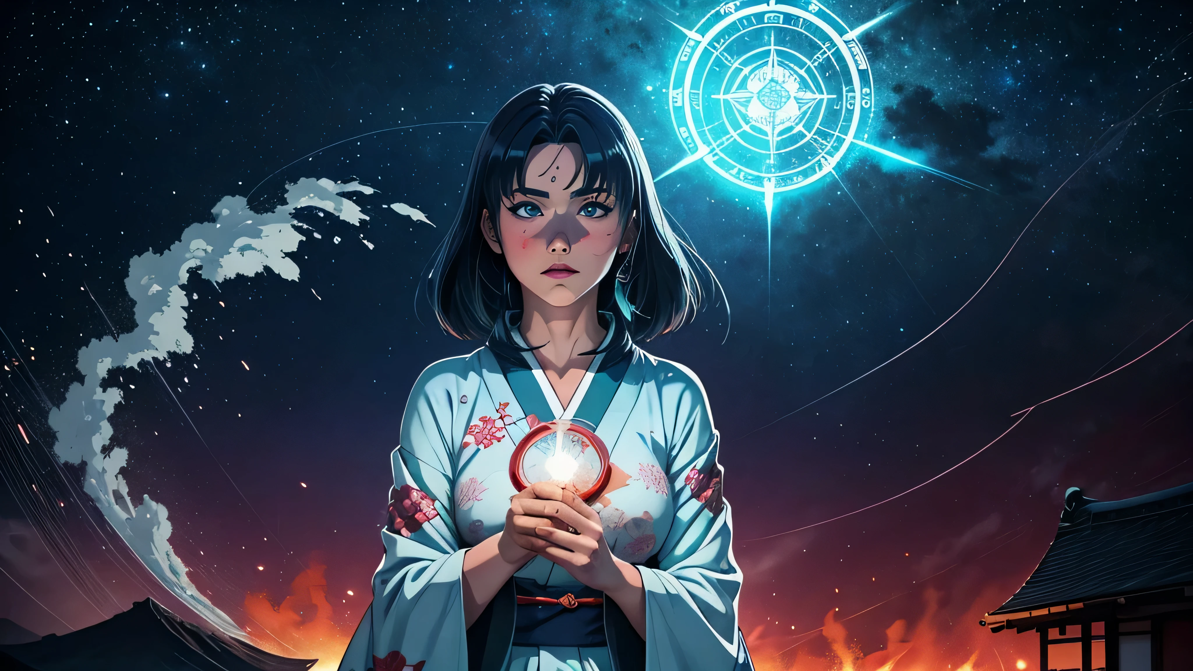 1 garota de anime, roupas japonesas, quimono, cabelo branco, olhos roxos, magic circle, fogo azul, chamas azuis, papel de parede, paisagem, sangue, respingos de sangue, profundidade de campo, noite, light particles, raios de luz, side lighting