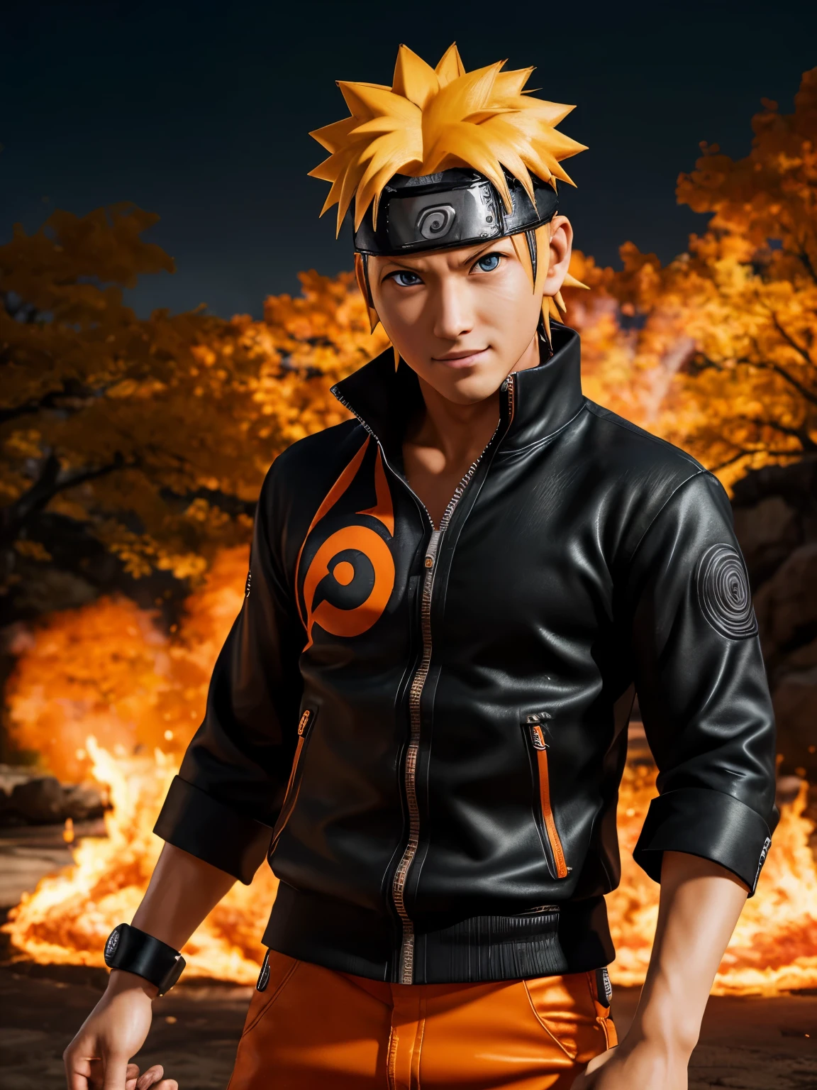 (Photorealistic:1.4) image of a Naruto Uzumaki, (top-quality, 8K, 32K, masterpiece), (dynamic pose), ((facing camera)), (looking at camera), cowboy shot, black orange clothing, depth of field f/1.8, kurama in background, orange color, cinematic lighting.