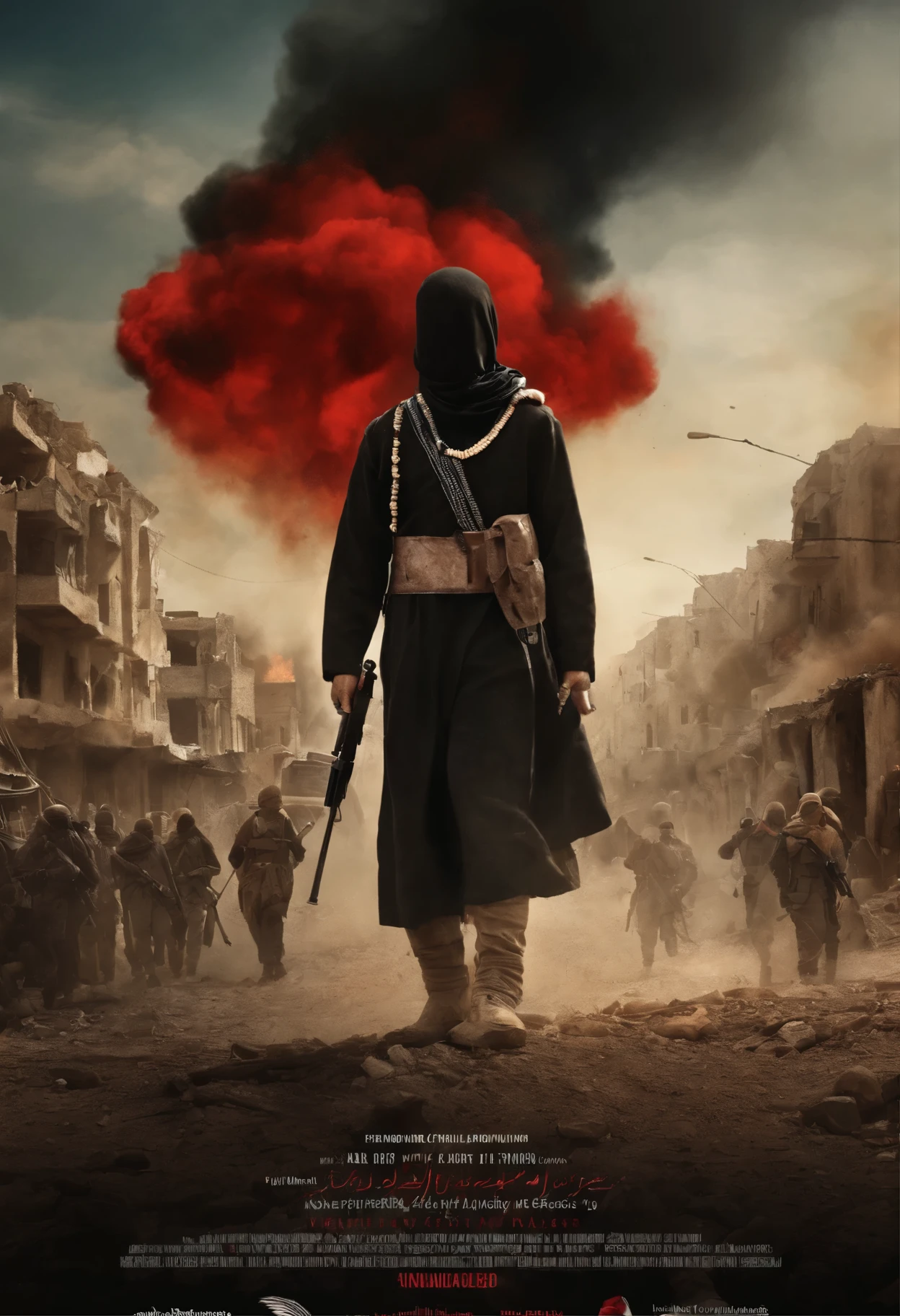 War, destruction, sabotage, genocide, children dying, masked revolutionaries, free Palestine written in blood