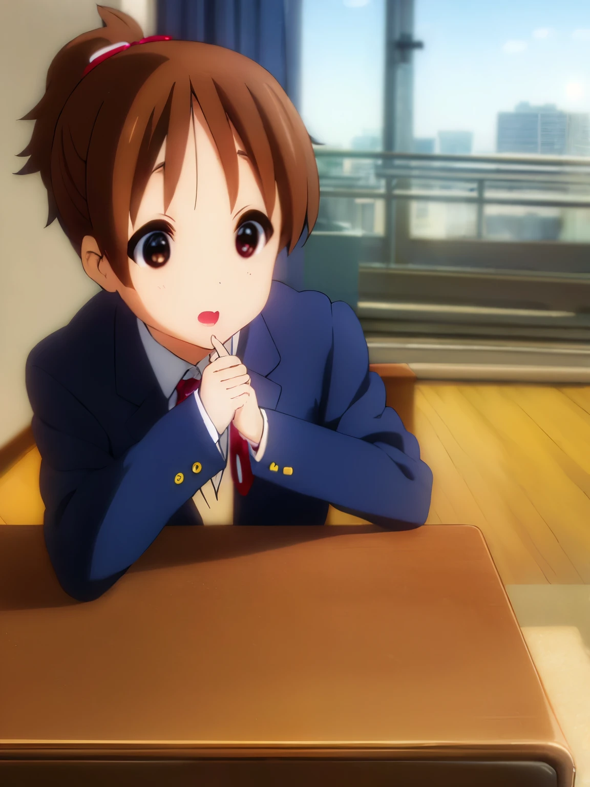 1girl, (((​masterpiece))), top-quality, top-quality, High Details,(((picture perfect))),(((no text))), 1girl, solo, ui hirasawa, school uniform, sweater vest, short sleeves, looking at viewer, school, classroom, smile, short hair, hair tied, A brown-haired, brown-eyed, solo, reddish, Dark blue blazer with thin red ribbon, Solid white buttoned shirt under blazer, birthday party decorations, wearing birthday hats ,illustratio, comic strip, soothing tones, Subdued Color, Soft cinematic light, adobe lightroom, photolab, HDR, intricately and hyper-detailed、(((depth of fields))))。(((​masterpiece)))。(((top-quality))).)((ultra-detailliert)))。(((illustratio)))。(((takeout))).dynamic focus.big breasts.(((school))).(((A classroom))).(((Face of happy))). open mouth.(((hand bring a birthday cake))).(((up chest))).((morning glow)).((the setting sun)).