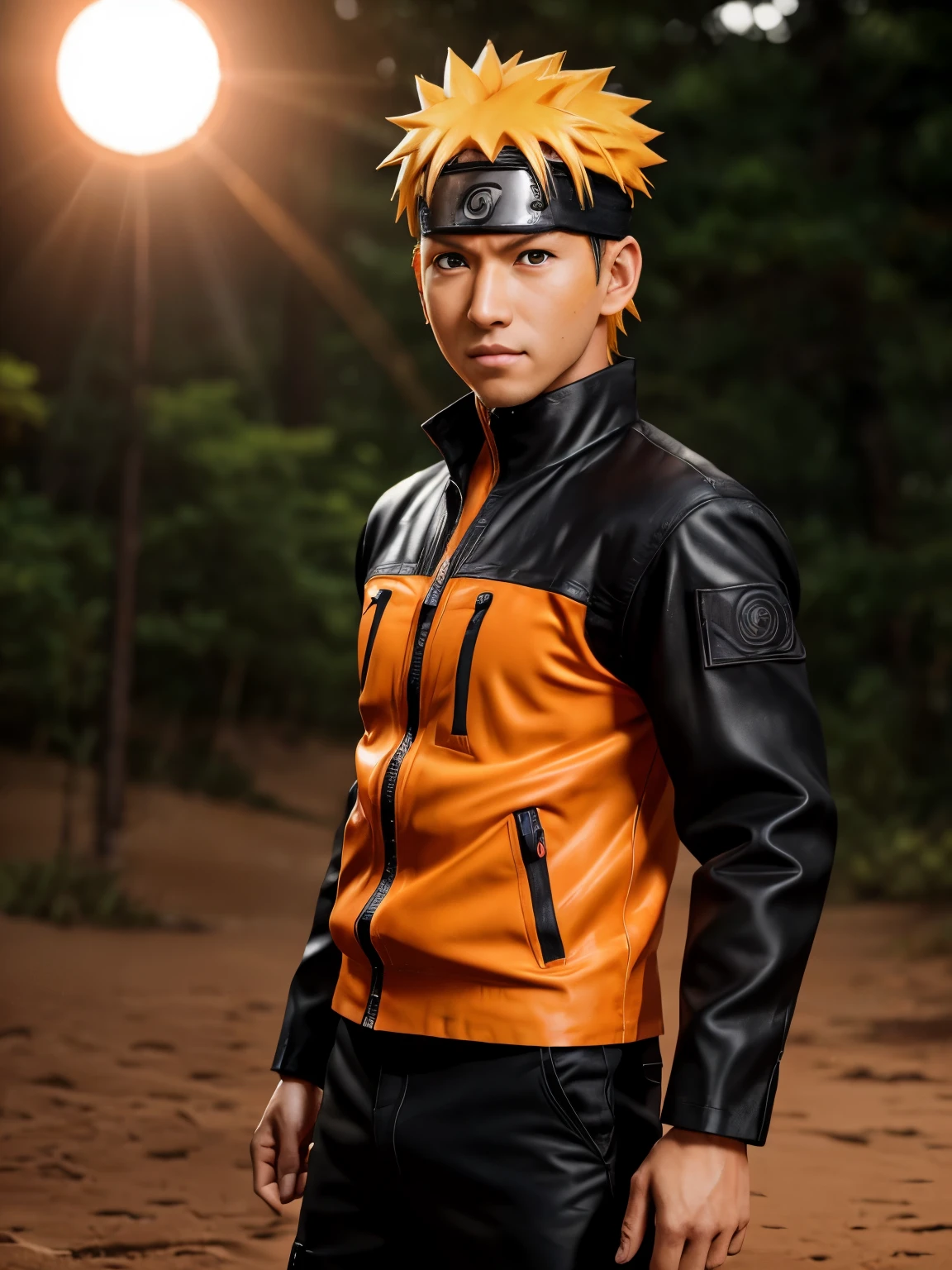 (Photorealistic:1.4) image of a Naruto Uzumaki, (top-quality, 8K, 32K, masterpiece), (dynamic pose), ((facing camera)), (looking at camera), cowboy shot, black orange clothing, depth of field f/1.8, kurama in background, orange color, cinematic lighting.