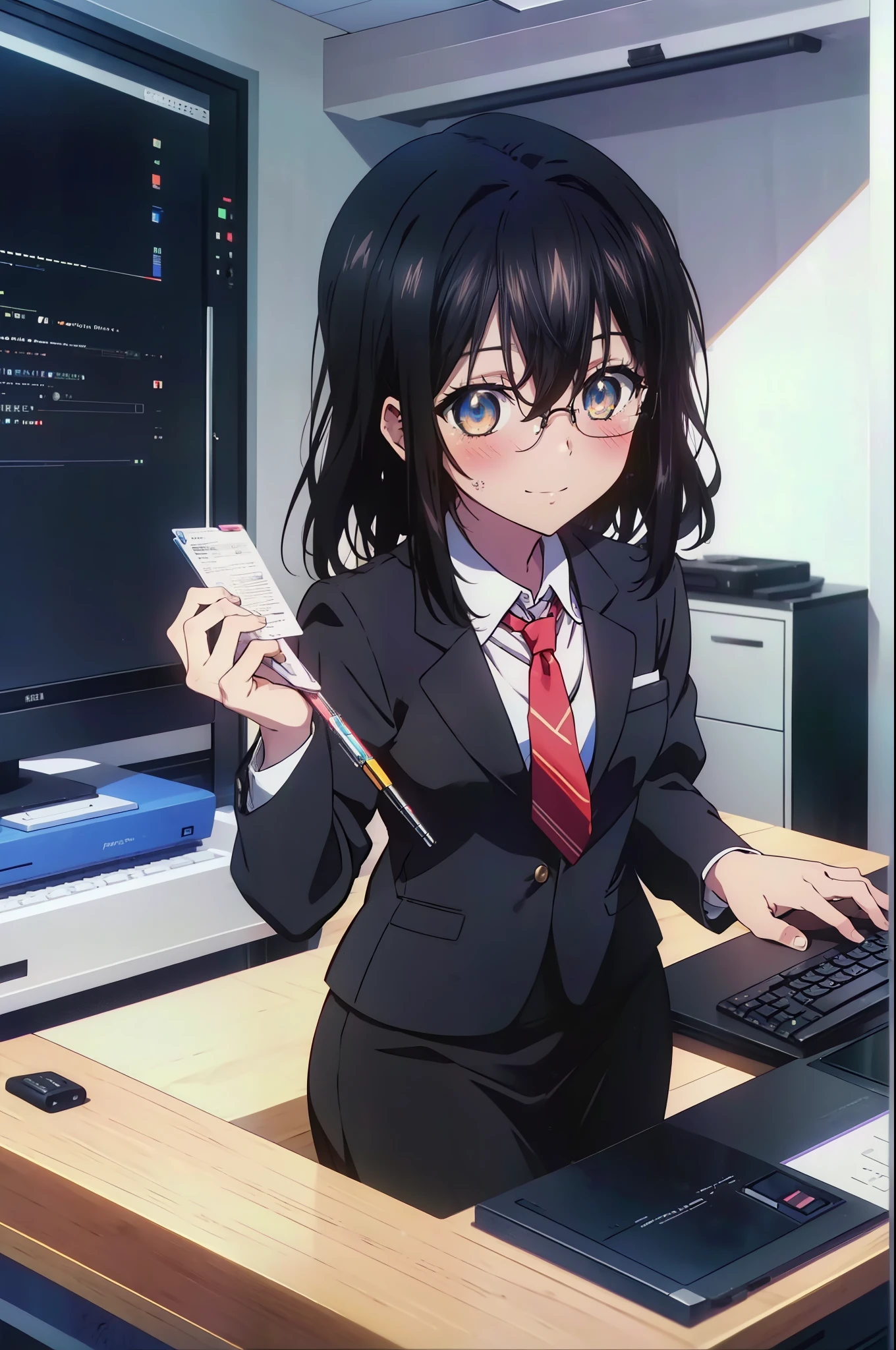 yukina, 1 girl, alone, , find, medium long hair, bangs, black hair, above the ribs, eyes between hair, brown eyes, OL, red glasses, end, black suit jacket, collared jacket, white dress shirt, collared shirt, neckline, button, strap, ID card on the neck, black pencil skirt, black pantyhose, stiletto heels,charm, Mechanical,On a computer,sitting in a chair, interior,touch typing , destroy indoors, office,smile, blush, whole body, In town,building street,morning日,morning,Light of the sun,(cowboy shot:1. 5),(masterpiece:1.2), highest quality, High resolution, unity 8k wallpaper, (shape:0.8), (beautiful and detailed eyes:1.6), highly detailed face, perfect lighting, Very detailed CG, (perfect hands, perfect anatomy),