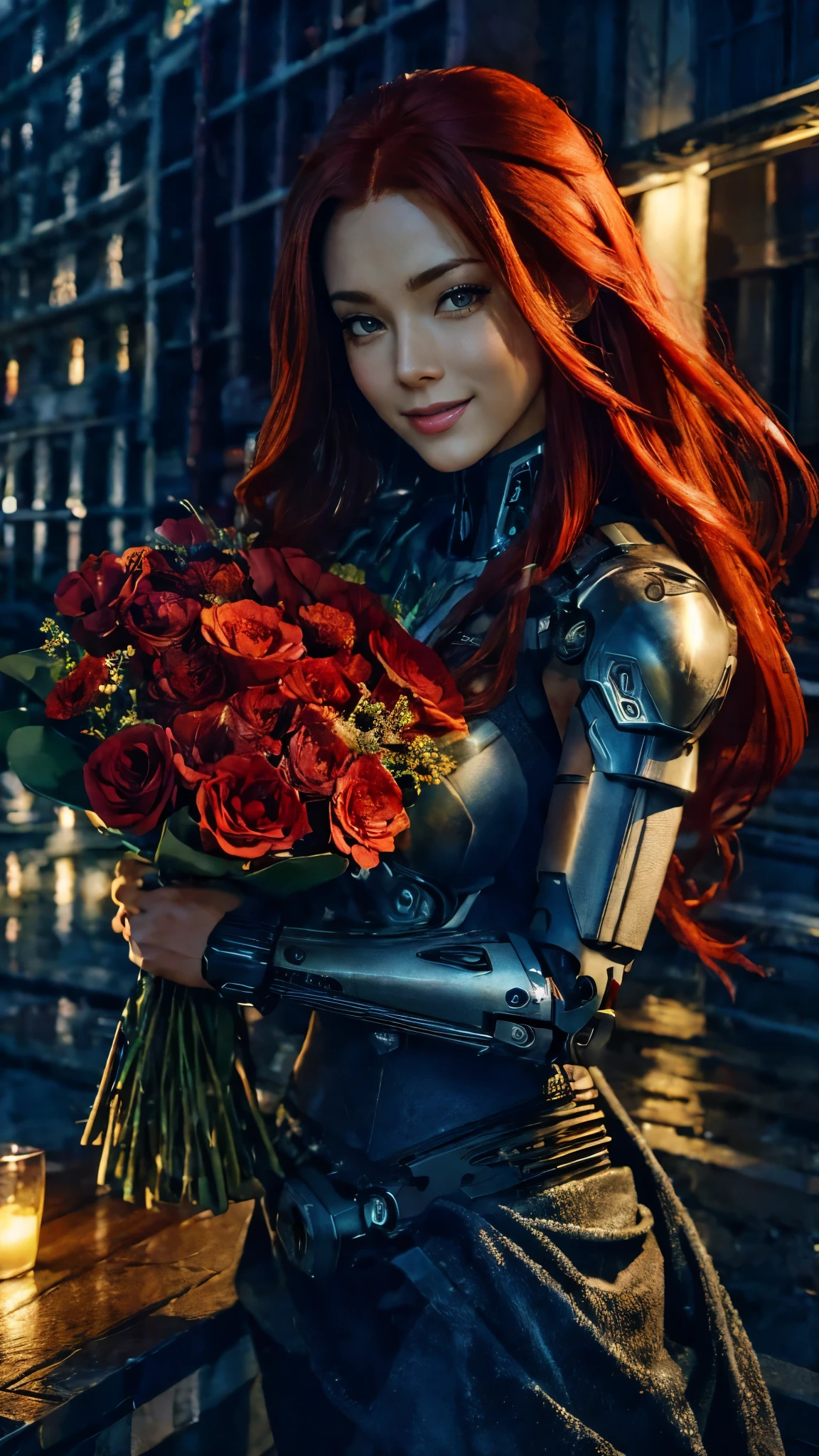 Masterpiece. Ultra-detailed. Red-haired beauty, female cyborg with a bouquet of flowers. Smiling