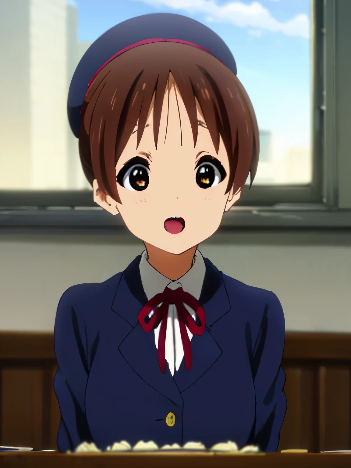 1girl, (((​masterpiece))), top-quality, top-quality, High Details,(((picture perfect))),(((no text))), 1girl, solo, ui hirasawa, school uniform, sweater vest, short sleeves, looking at viewer, school, classroom, smile, short hair, hair tied, A brown-haired, brown-eyed, solo, reddish, Dark blue blazer with thin red ribbon, Solid white buttoned shirt under blazer, birthday party decorations, wearing birthday hats ,illustratio, comic strip, soothing tones, Subdued Color, Soft cinematic light, adobe lightroom, photolab, HDR, intricately and hyper-detailed、(((depth of fields))))。(((​masterpiece)))。(((top-quality))).)((ultra-detailliert)))。(((illustratio)))。(((takeout))).dynamic focus.big breasts.(((school))).(((A classroom))).(((Face of happy))). open mouth.(((hand bring a birthday cake))).(((up chest))).((morning glow)).((the setting sun)).